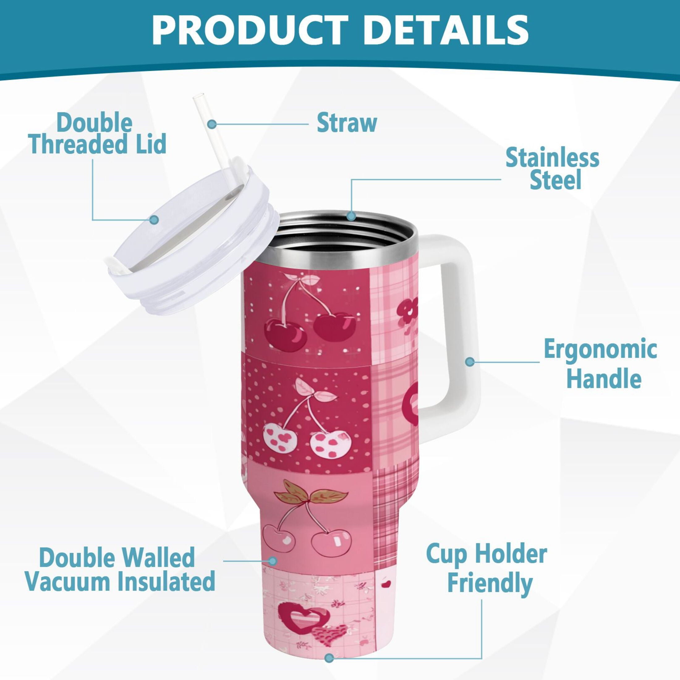 30 oz Insulated Stainless Steel Tumbler Double Wall Stainless Steel Tumbler with 2-Way Drinking Cherry Pattern with Bows C634X