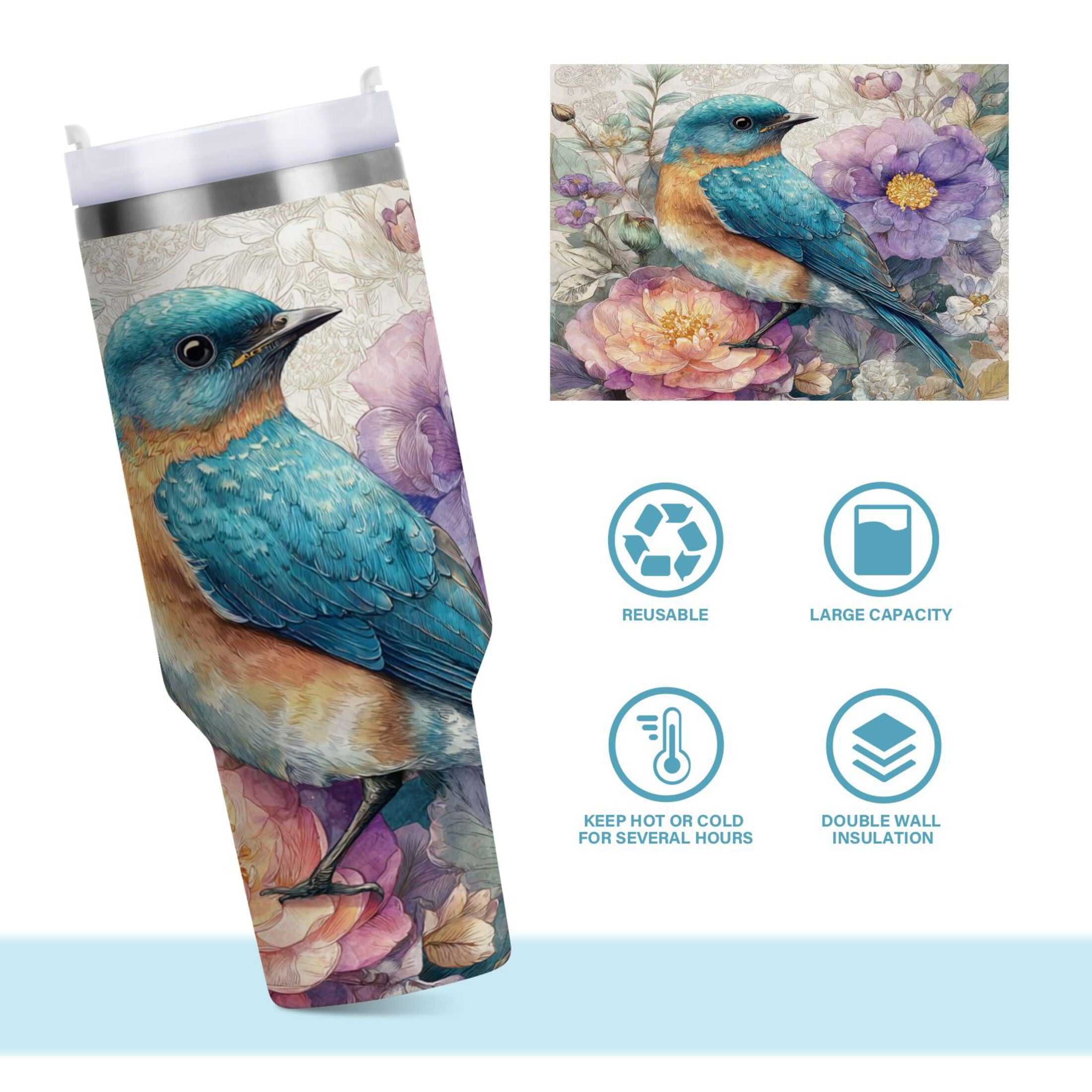 30 oz Insulated Stainless Steel Tumbler Double Wall Stainless Steel Tumbler with 2-Way Drinking Bluebird and Flower C538D