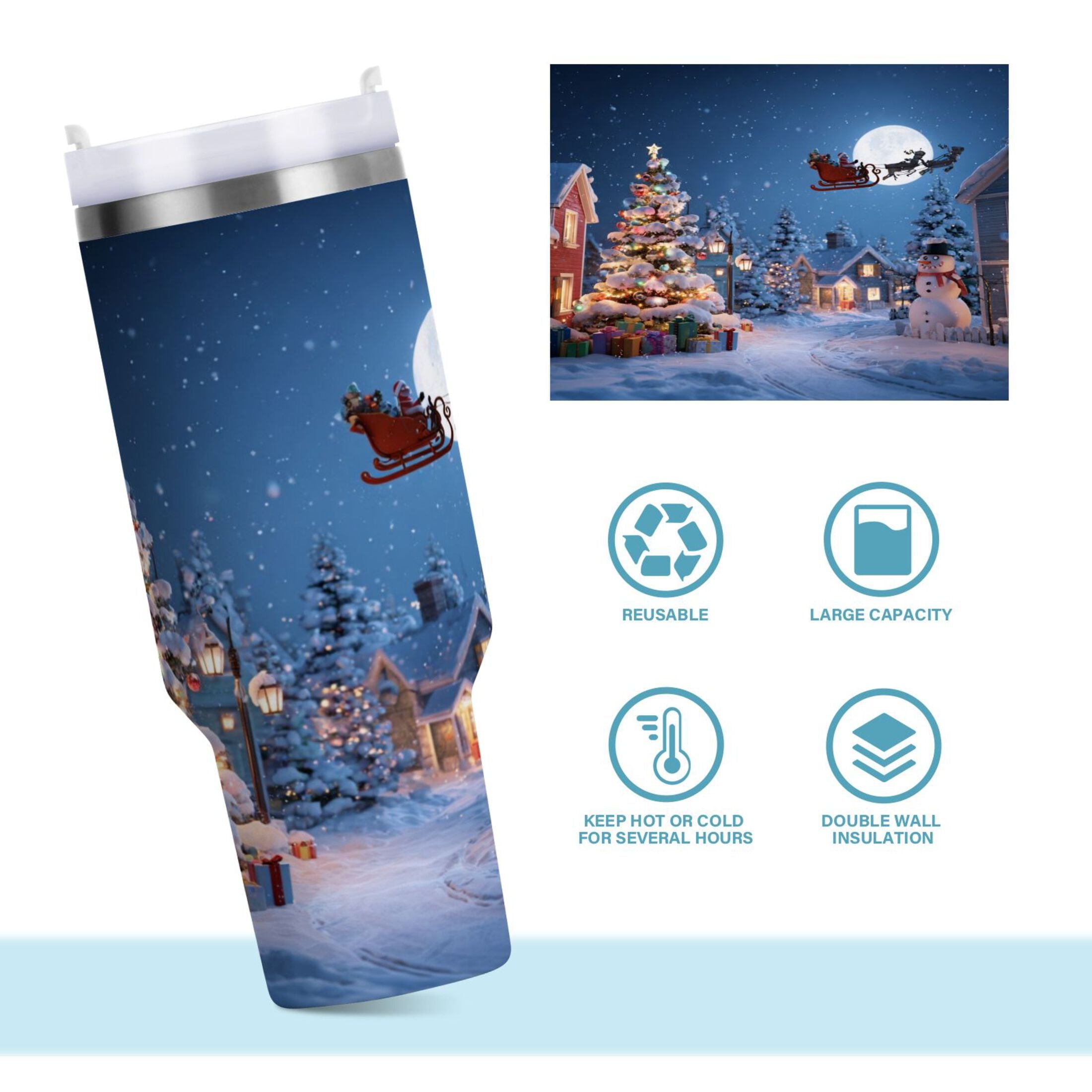 30 oz Insulated Stainless Steel Tumbler Double Wall Stainless Steel Tumbler with 2-Way Drinking Christmas Night Scene C606M