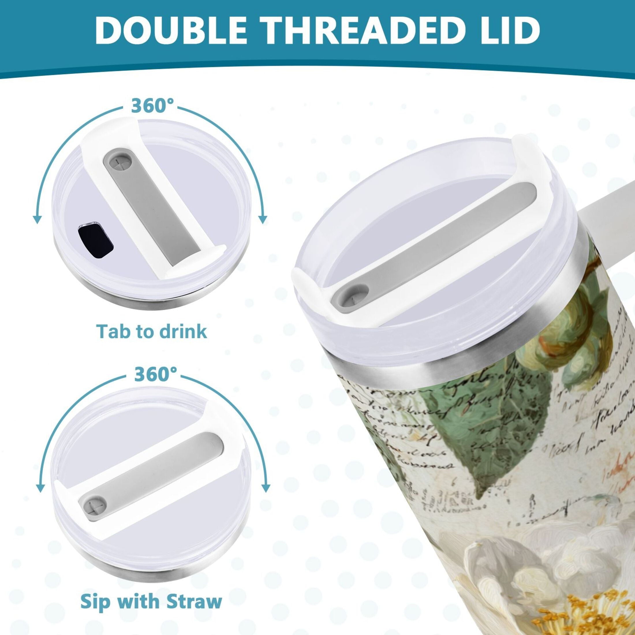 40 oz Insulated Stainless Steel Tumbler Double Wall Stainless Steel Tumbler with 2-Way Drinking Vintage White Camellias C622K