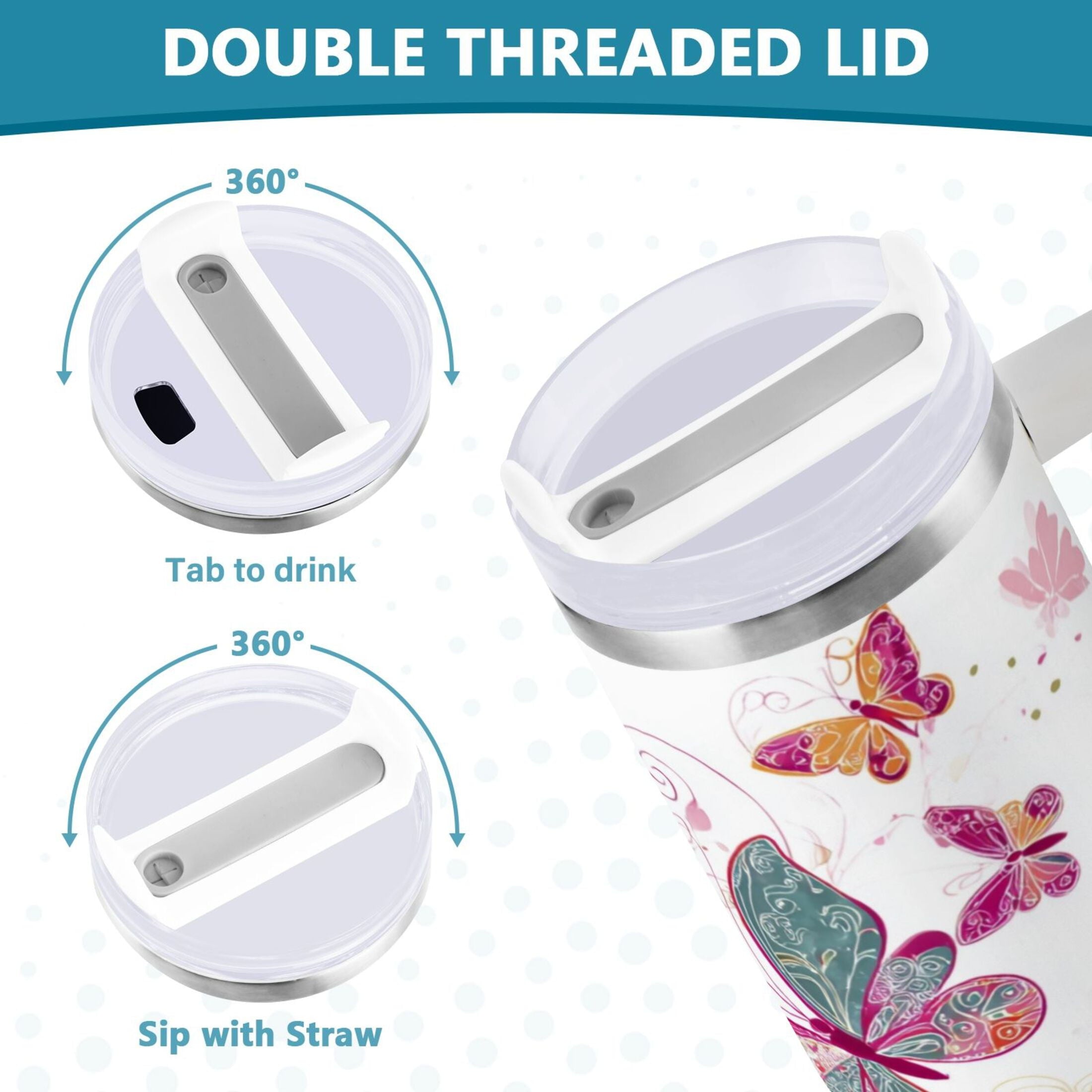 30 oz Insulated Stainless Steel Tumbler Double Wall Stainless Steel Tumbler with 2-Way Drinking Colorful Butterflies C605L