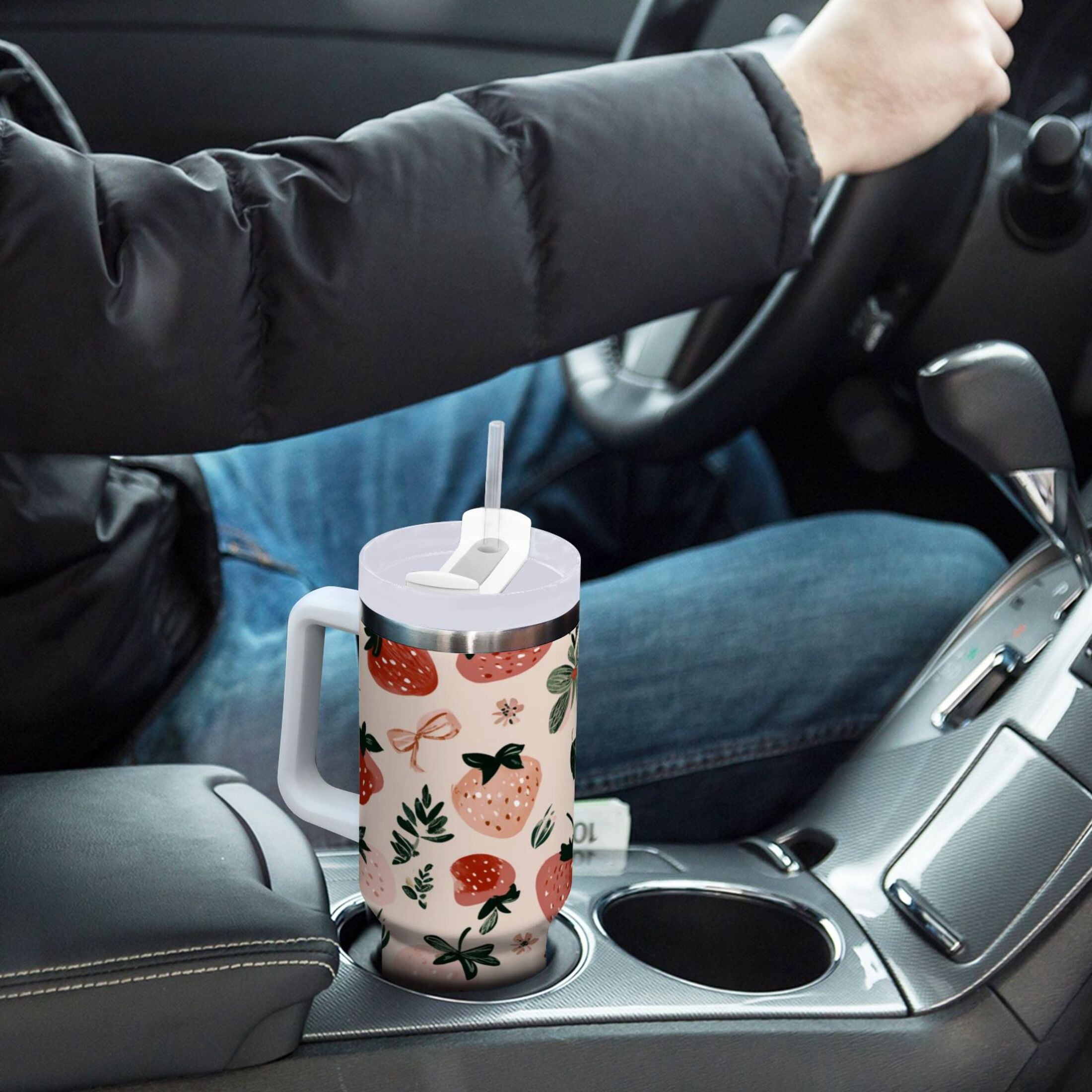 30 oz Insulated Stainless Steel Tumbler Double Wall Stainless Steel Tumbler with 2-Way Drinking Cute Pinks Strawberries C596A