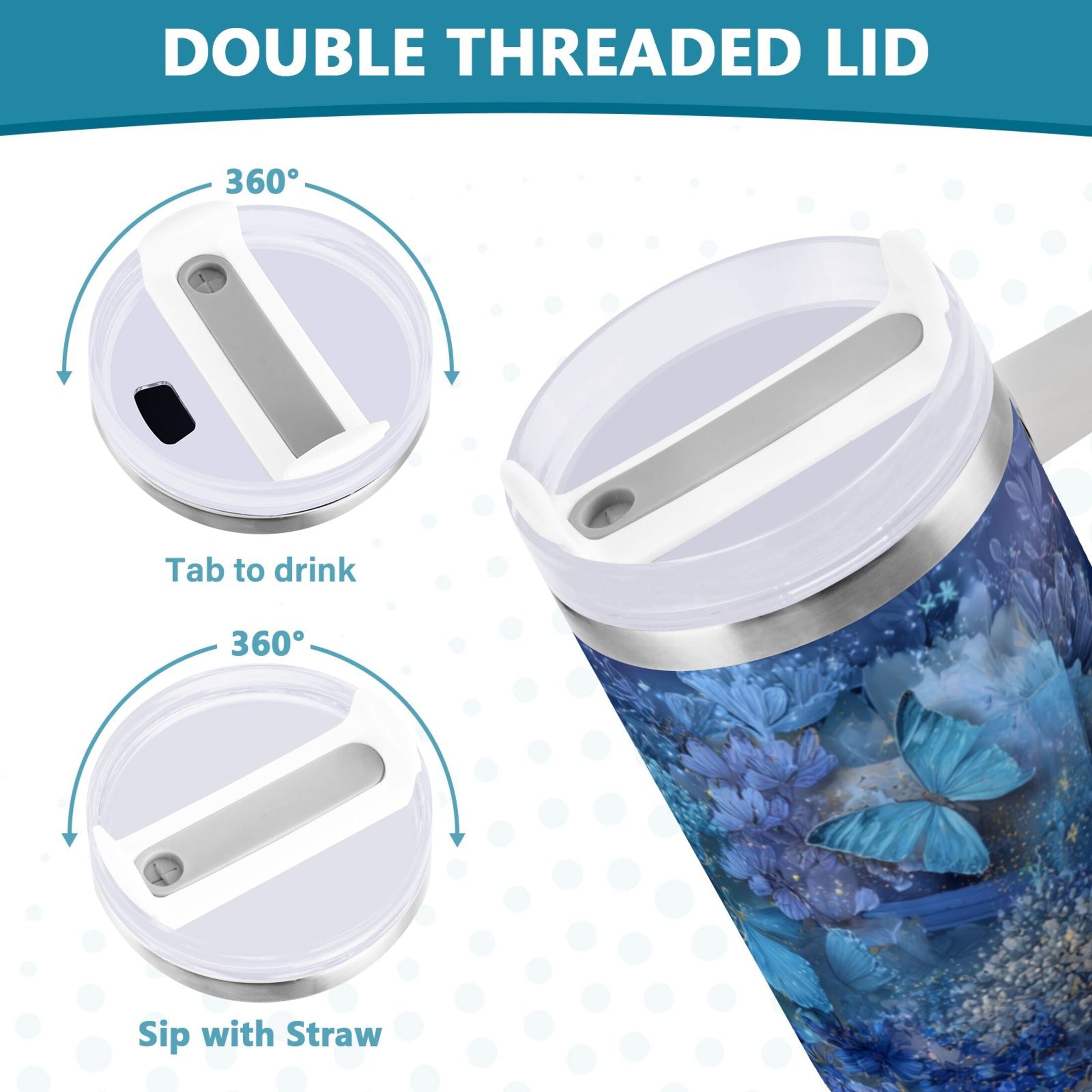 30 oz Insulated Stainless Steel Tumbler Double Wall Stainless Steel Tumbler with 2-Way Drinking Butterflies Books and Flowers C524R