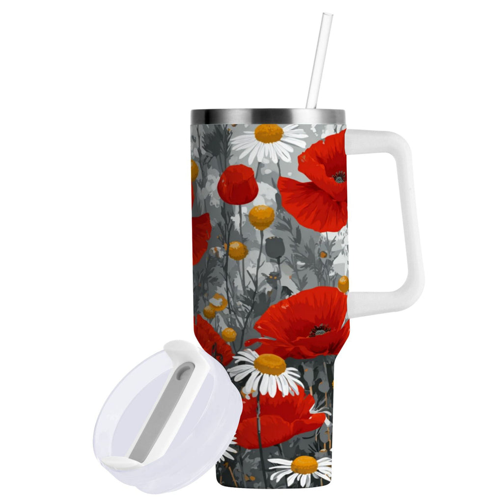 40 oz Insulated Stainless Steel Tumbler Double Wall Stainless Steel Tumbler with 2-Way Drinking Red Flowers and Daisies C498S