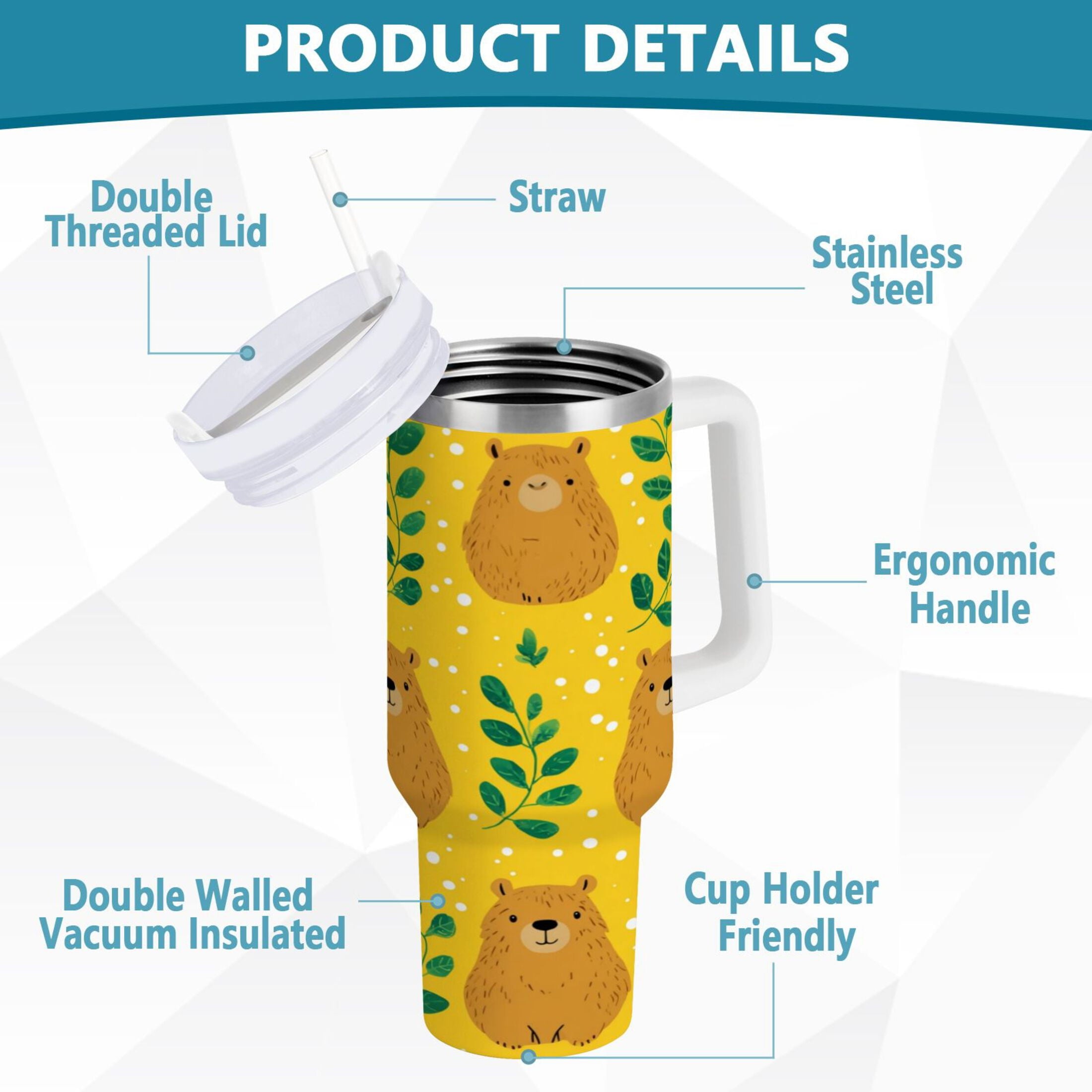 30 oz Insulated Stainless Steel Tumbler Double Wall Stainless Steel Tumbler with 2-Way Drinking Capybara and Green Leaves C658A