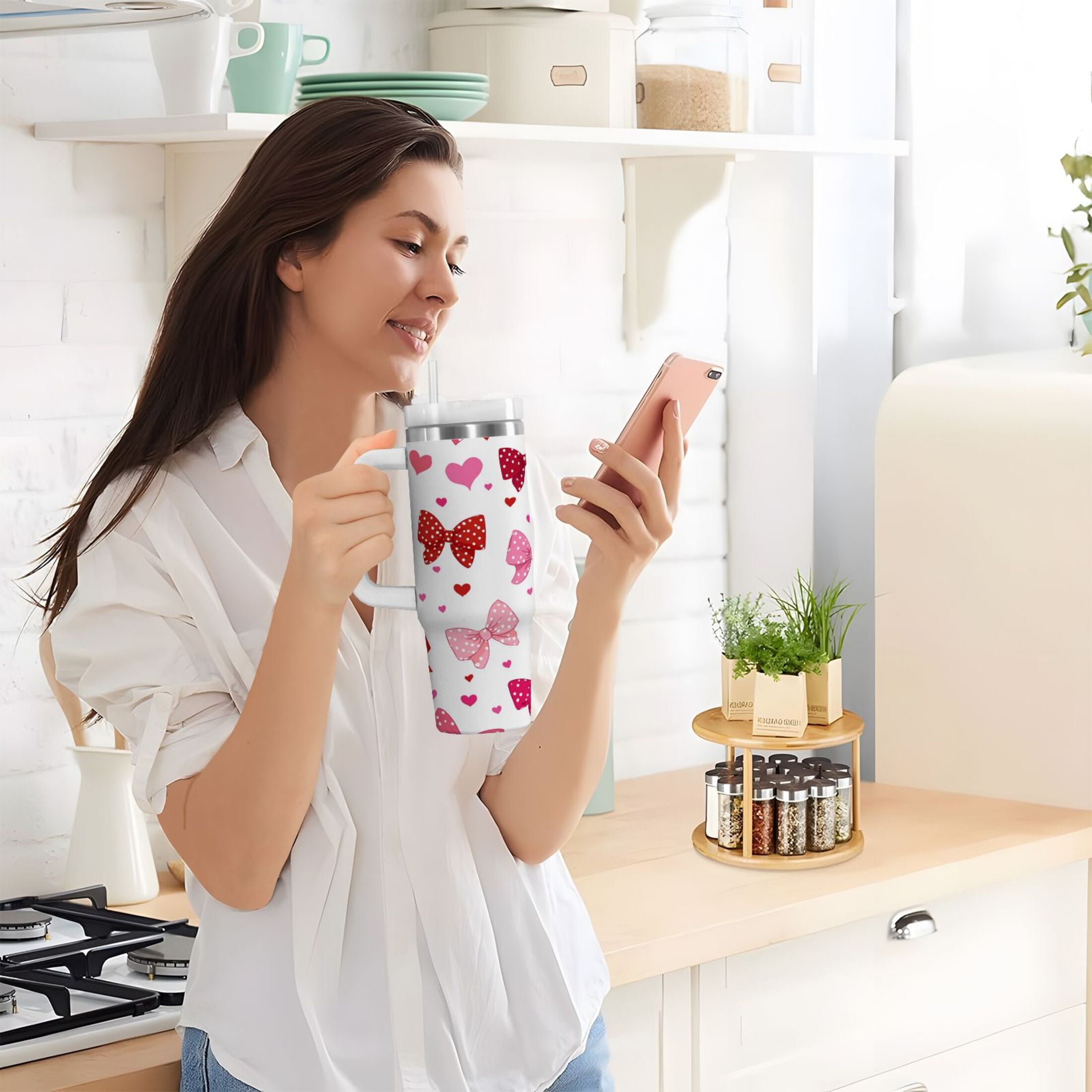 30 oz Insulated Stainless Steel Tumbler Double Wall Stainless Steel Tumbler with 2-Way Drinking Red and Pink Bows C595R