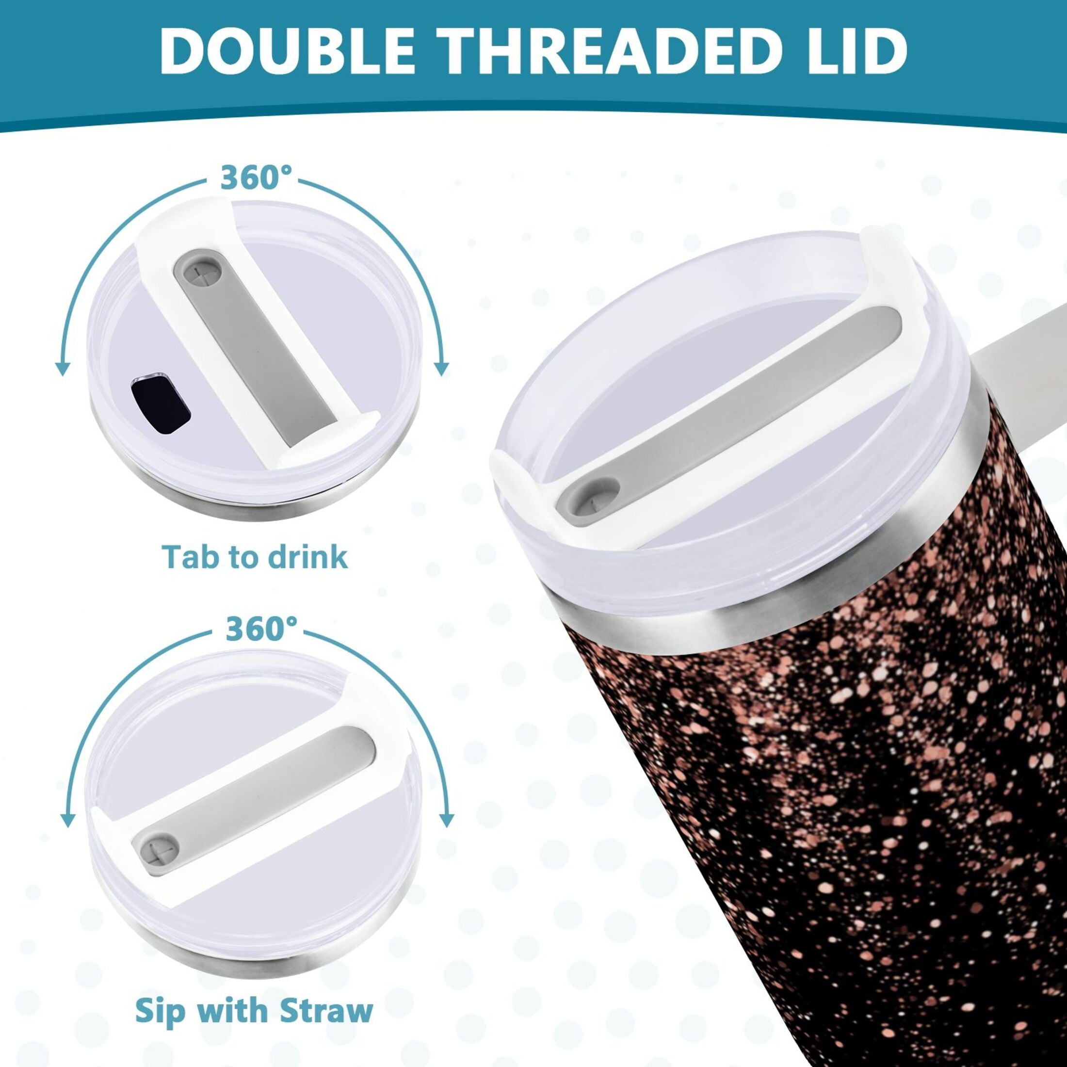 40 oz Insulated Stainless Steel Tumbler Double Wall Stainless Steel Tumbler with 2-Way Drinking Rose Gold Glitter C589P