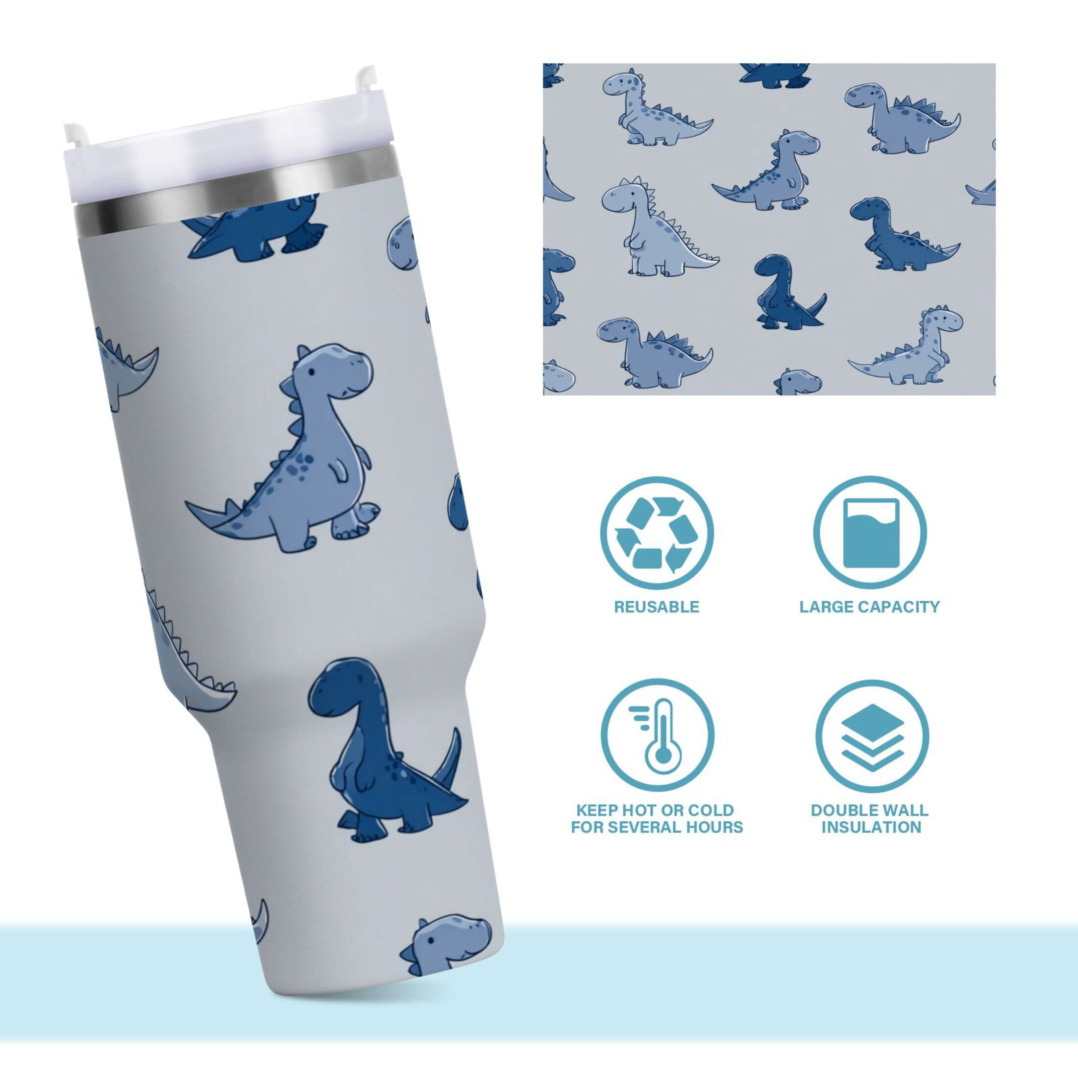 30 oz Insulated Stainless Steel Tumbler Double Wall Stainless Steel Tumbler with 2-Way Drinking Cute Blue Dinosaurs C580N