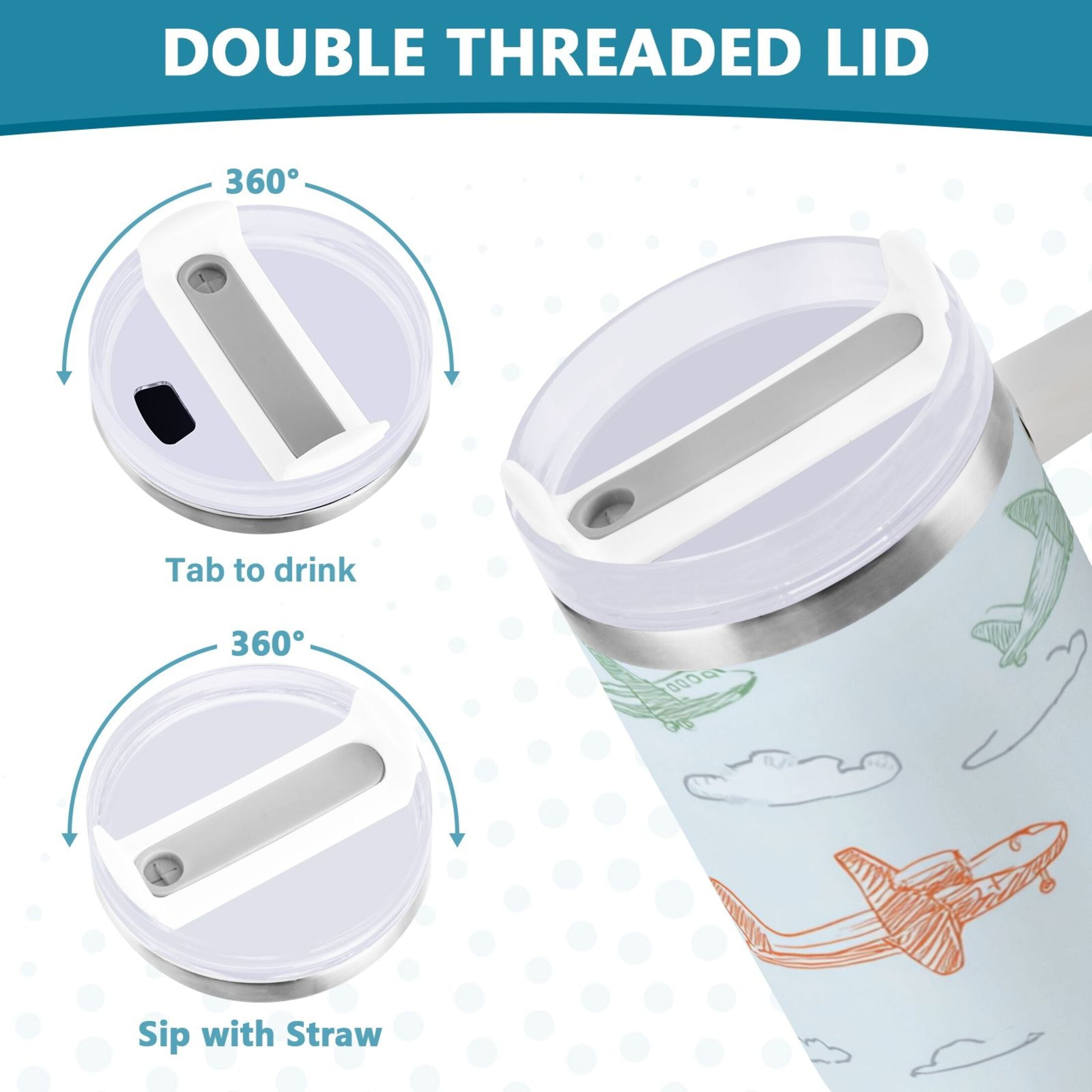 30 oz Insulated Stainless Steel Tumbler Double Wall Stainless Steel Tumbler with 2-Way Drinking Pastel Doodle Airplanes C593J
