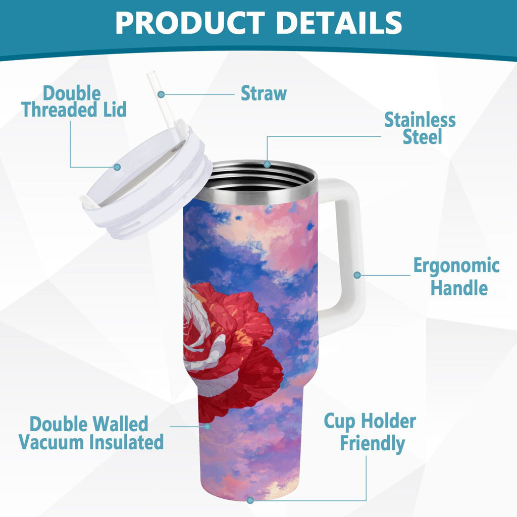 30 oz Insulated Stainless Steel Tumbler Double Wall Stainless Steel Tumbler with 2-Way Drinking Rose with Flag Pattern C547E
