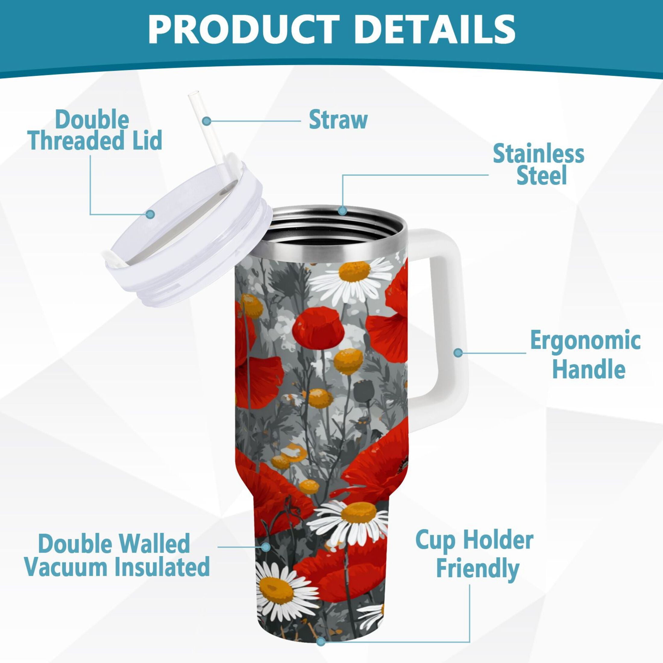 40 oz Insulated Stainless Steel Tumbler Double Wall Stainless Steel Tumbler with 2-Way Drinking Red Flowers and Daisies C498S