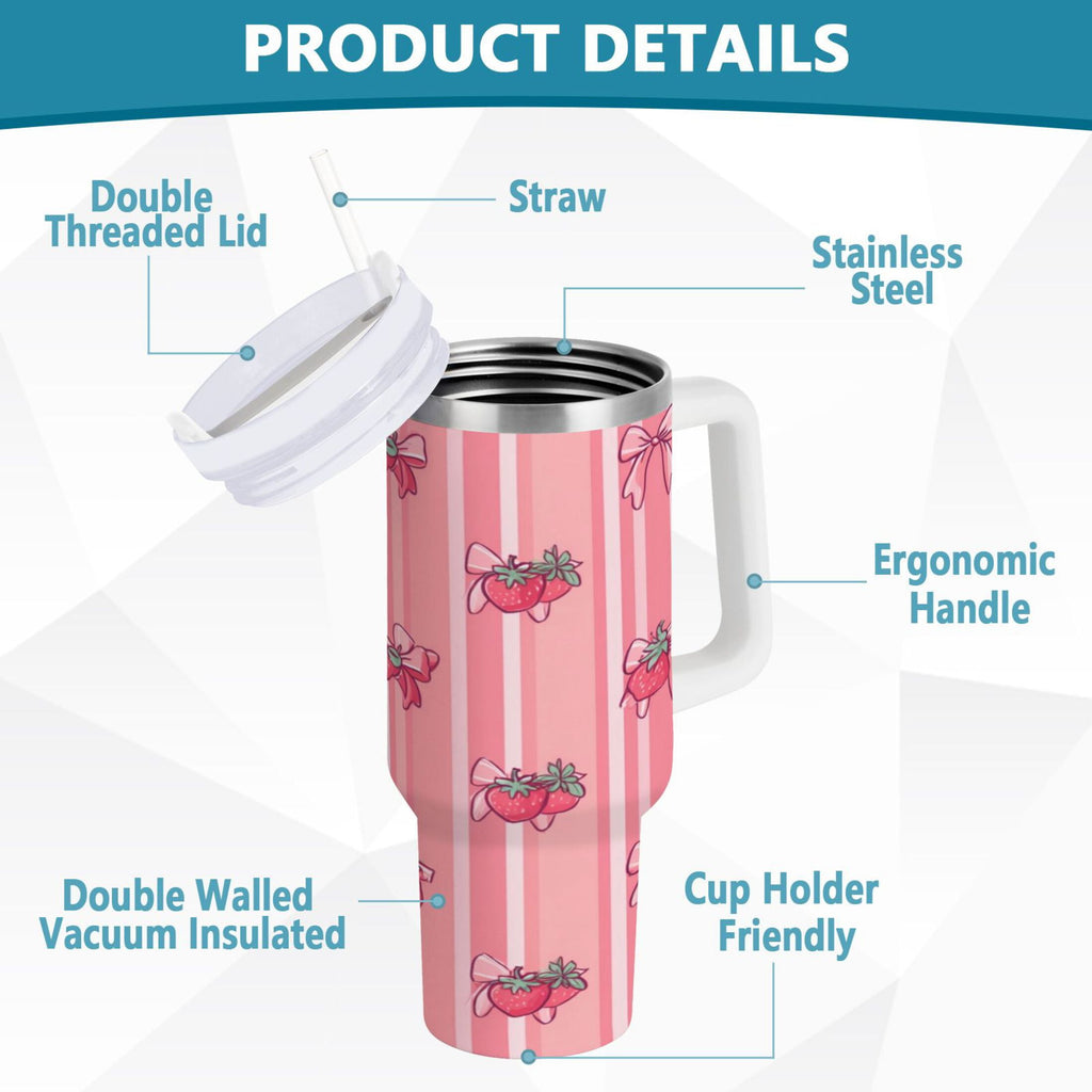 30 oz Insulated Stainless Steel Tumbler Double Wall Stainless Steel Tumbler with 2-Way Drinking Pink Bows and Strawberries C628Y
