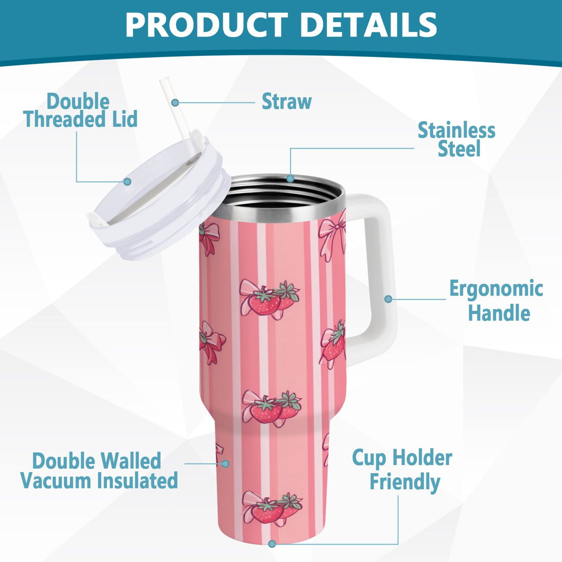30 oz Insulated Stainless Steel Tumbler Double Wall Stainless Steel Tumbler with 2-Way Drinking Pink Bows and Strawberries C628Y
