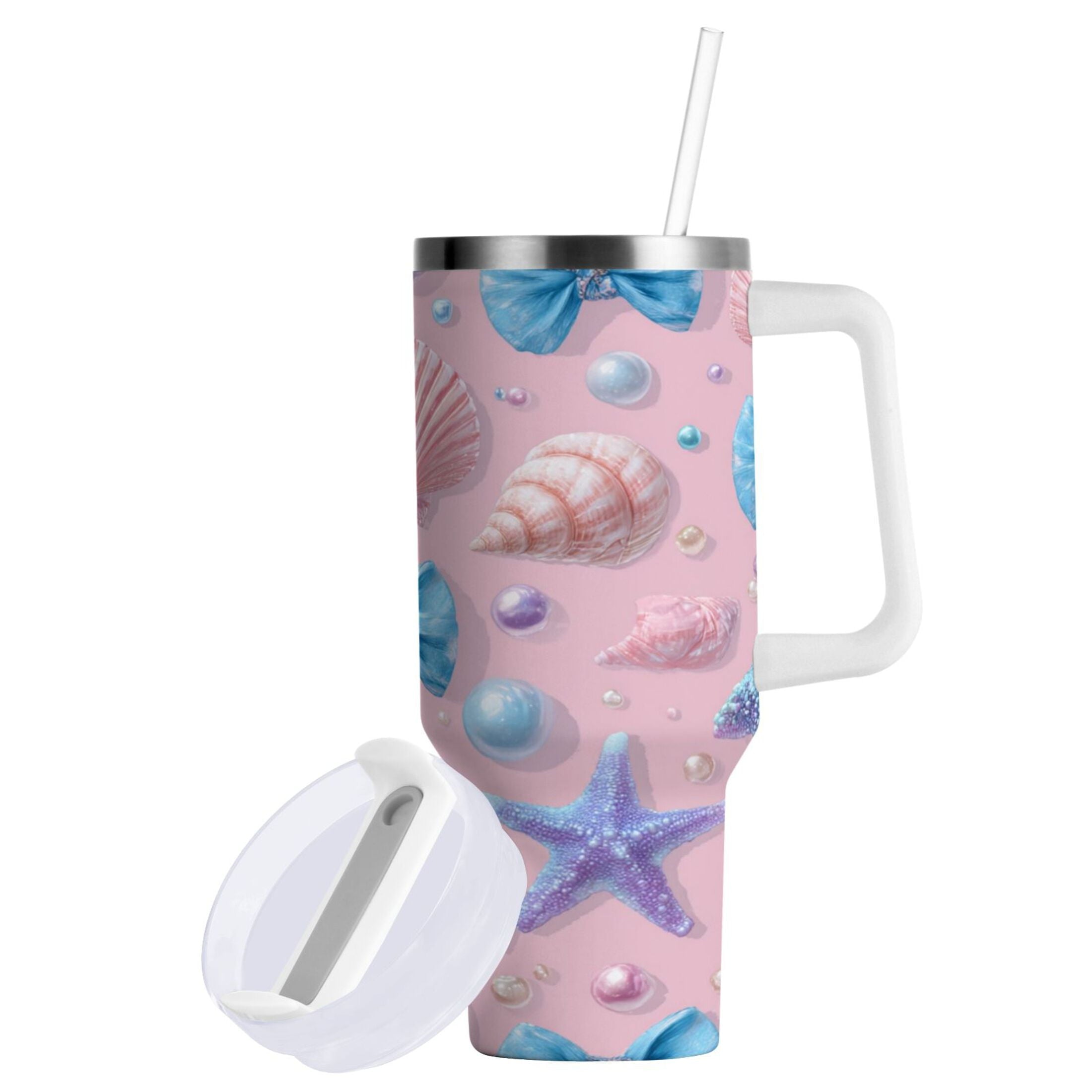 30 oz Insulated Stainless Steel Tumbler Double Wall Stainless Steel Tumbler with 2-Way Drinking Seashells and Bows C519Q