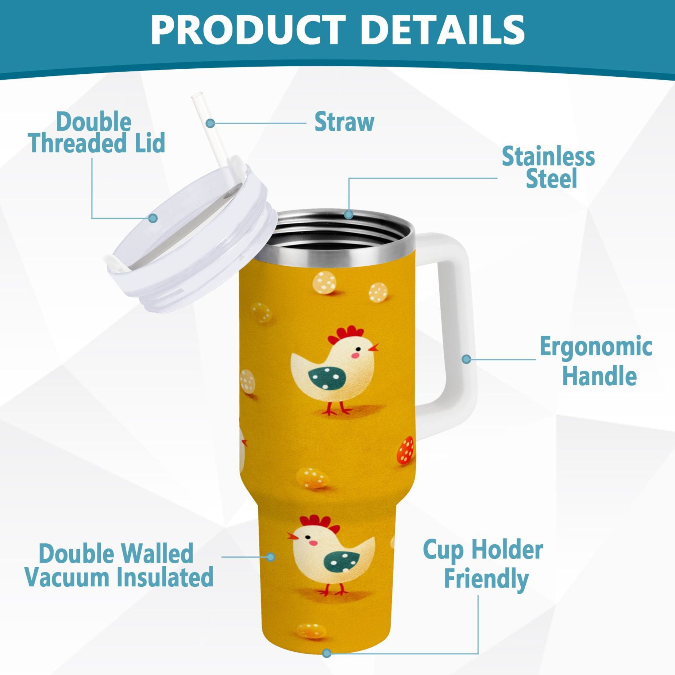 30 oz Insulated Stainless Steel Tumbler Double Wall Stainless Steel Tumbler with 2-Way Drinking Cartoon Chickens Pattern C551K