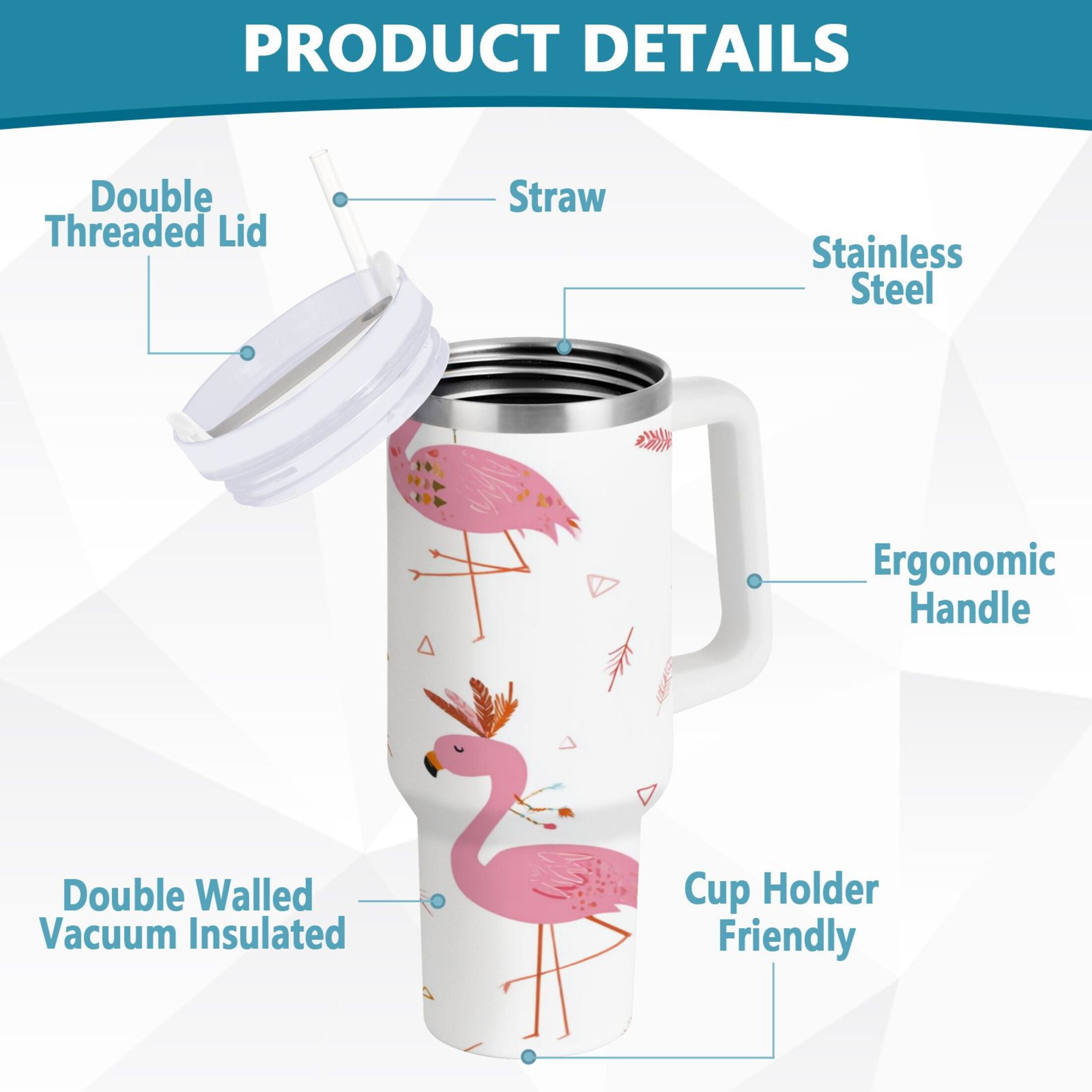 40 oz Insulated Stainless Steel Tumbler Double Wall Stainless Steel Tumbler with 2-Way Drinking Cute Pink Flamingo Pattern C515U