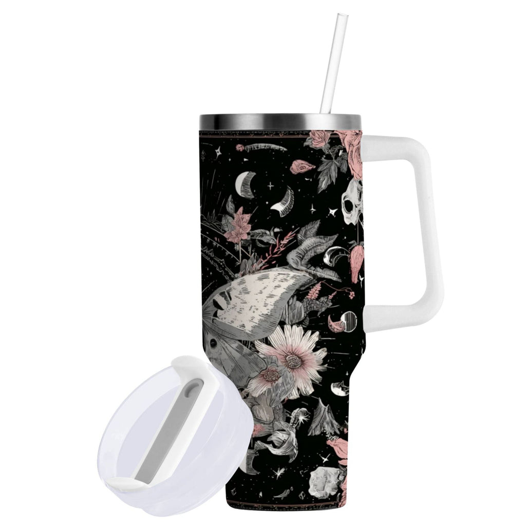 40 oz Insulated Stainless Steel Tumbler Double Wall Stainless Steel Tumbler with 2-Way Drinking Butterfly Surrounded by Flowers C640G