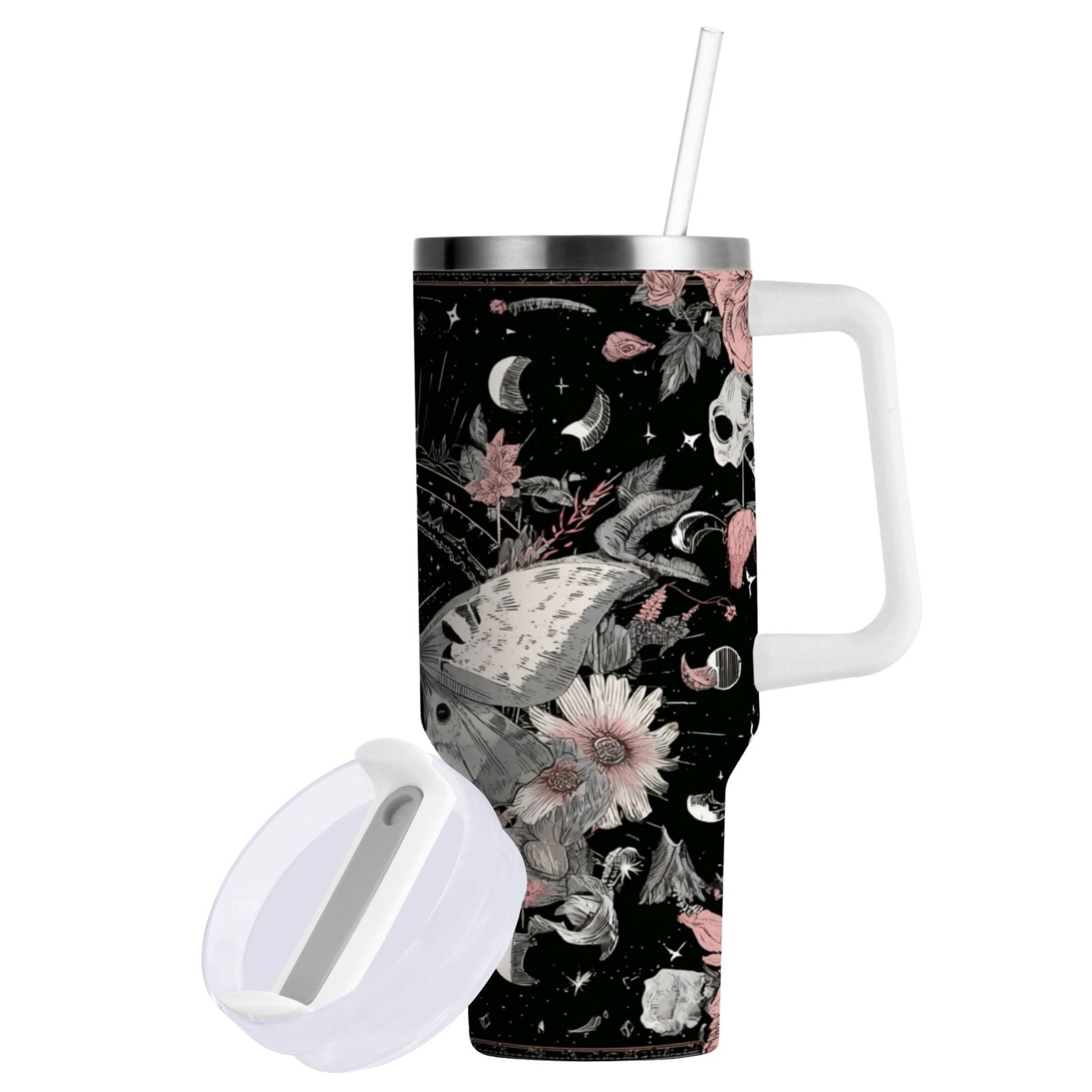 40 oz Insulated Stainless Steel Tumbler Double Wall Stainless Steel Tumbler with 2-Way Drinking Butterfly Surrounded by Flowers C640G
