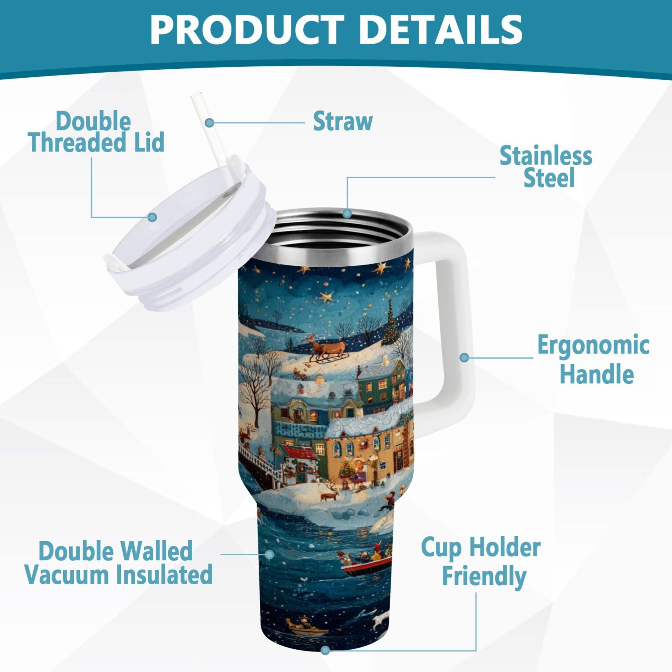 30 oz Insulated Stainless Steel Tumbler Double Wall Stainless Steel Tumbler with 2-Way Drinking Whimsical Christmas Scene C545C