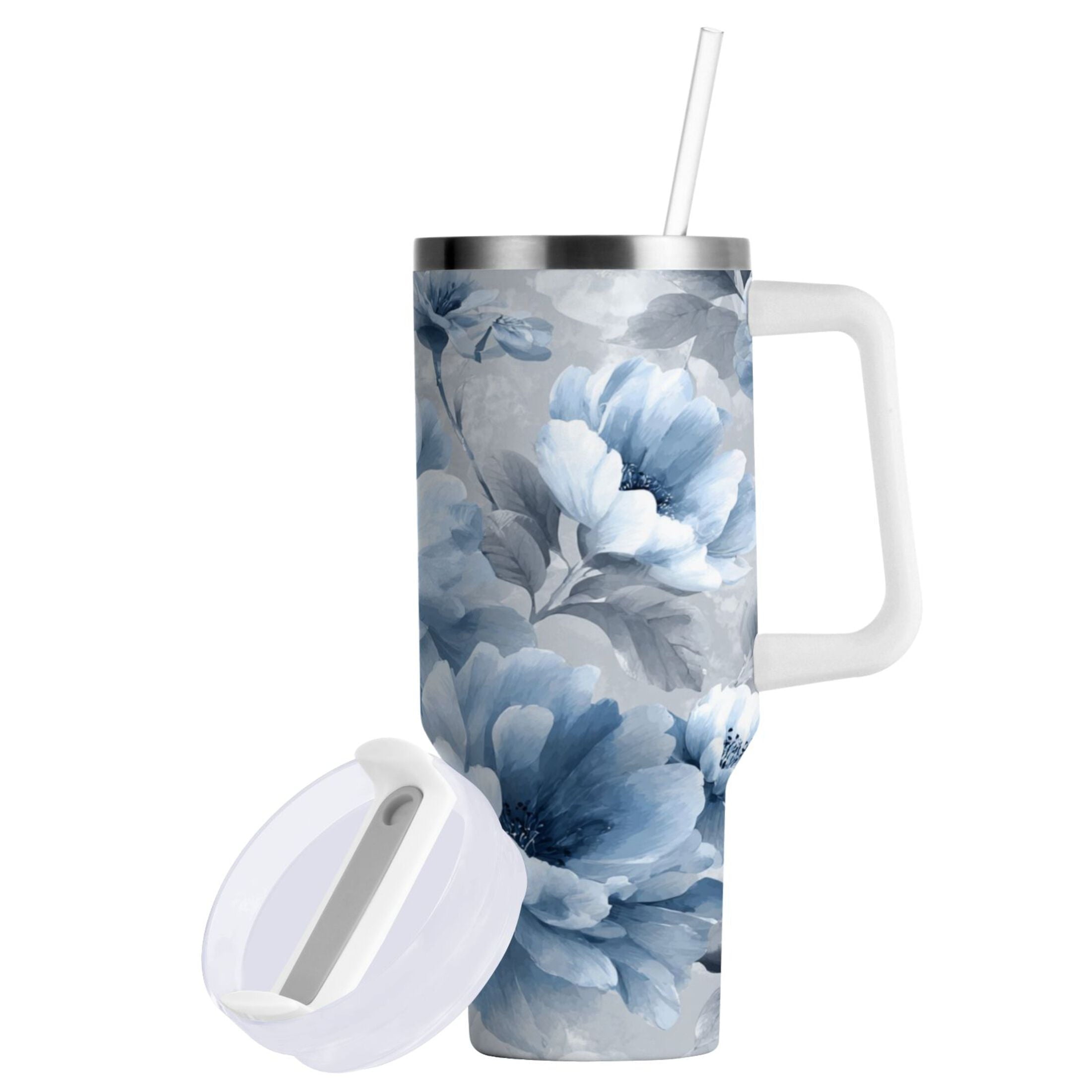 40 oz Insulated Stainless Steel Tumbler Double Wall Stainless Steel Tumbler with 2-Way Drinking White Floral Pattern C584C