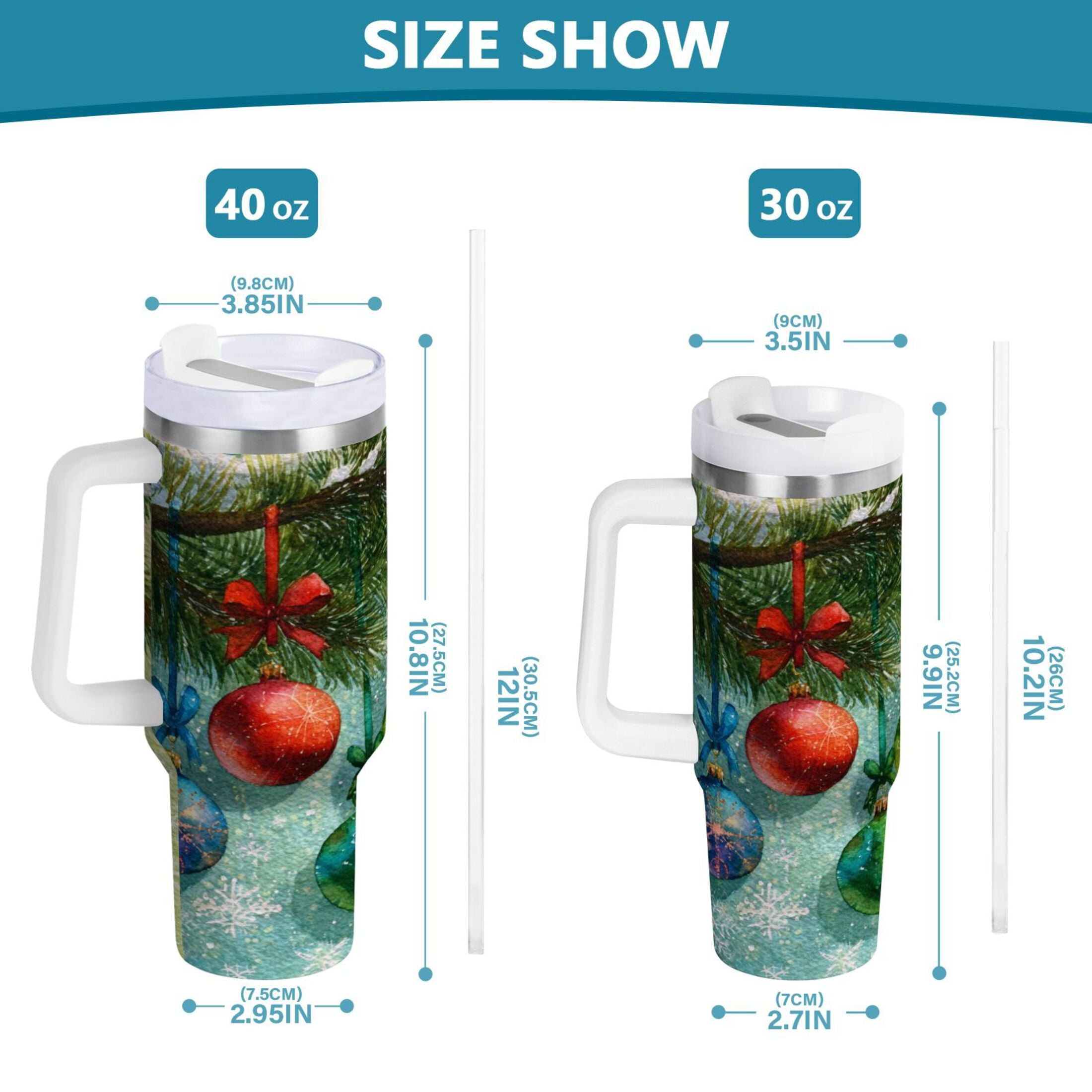 30 oz Insulated Stainless Steel Tumbler Double Wall Stainless Steel Tumbler with 2-Way Drinking Christmas Ornaments Watercolor Painting C639H