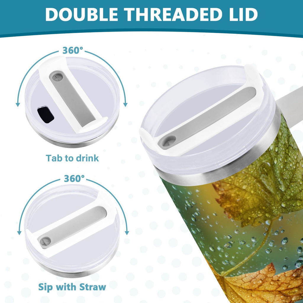 30 oz Insulated Stainless Steel Tumbler Double Wall Stainless Steel Tumbler with 2-Way Drinking Leaves with Water Droplets C500B