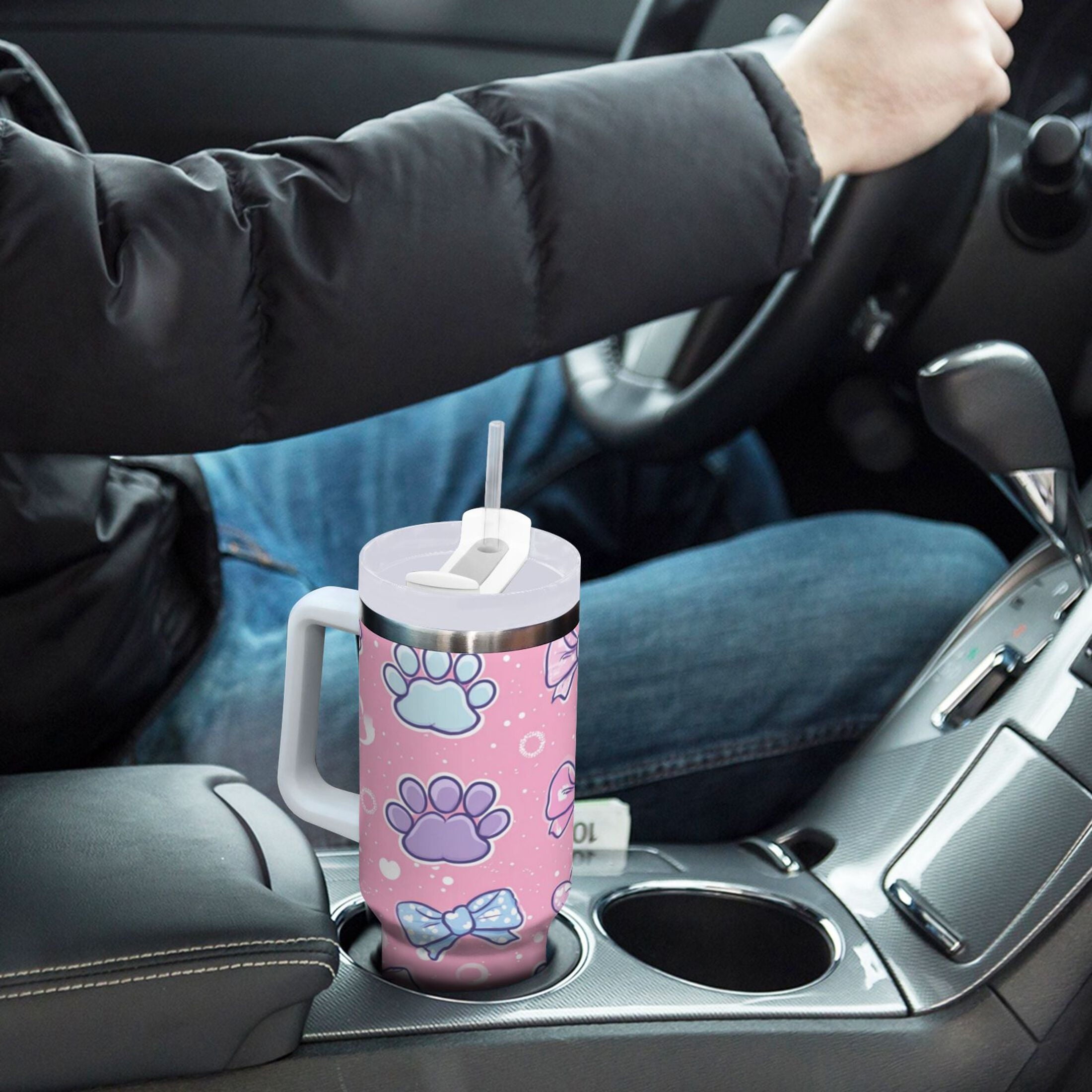 30 oz Insulated Stainless Steel Tumbler Double Wall Stainless Steel Tumbler with 2-Way Drinking Dog Paw Prints and Bows C648Y
