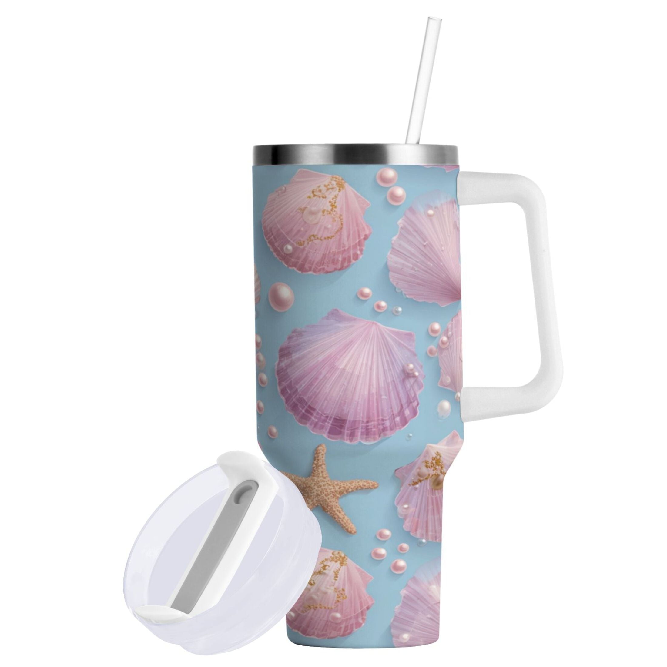 40 oz Insulated Stainless Steel Tumbler Double Wall Stainless Steel Tumbler with 2-Way Drinking Seashells and Pearls Pattern C569V