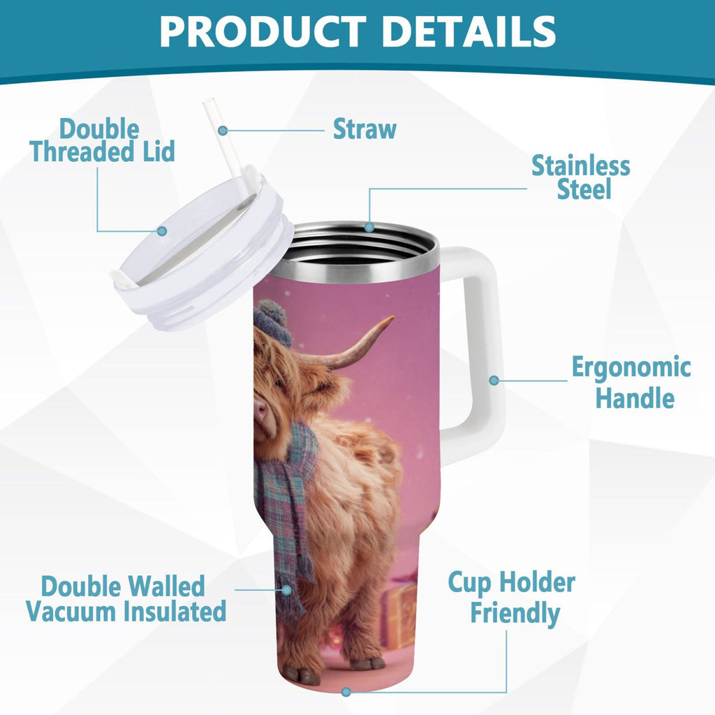30 oz Insulated Stainless Steel Tumbler Double Wall Stainless Steel Tumbler with 2-Way Drinking Cow Wearing Christmas C626R