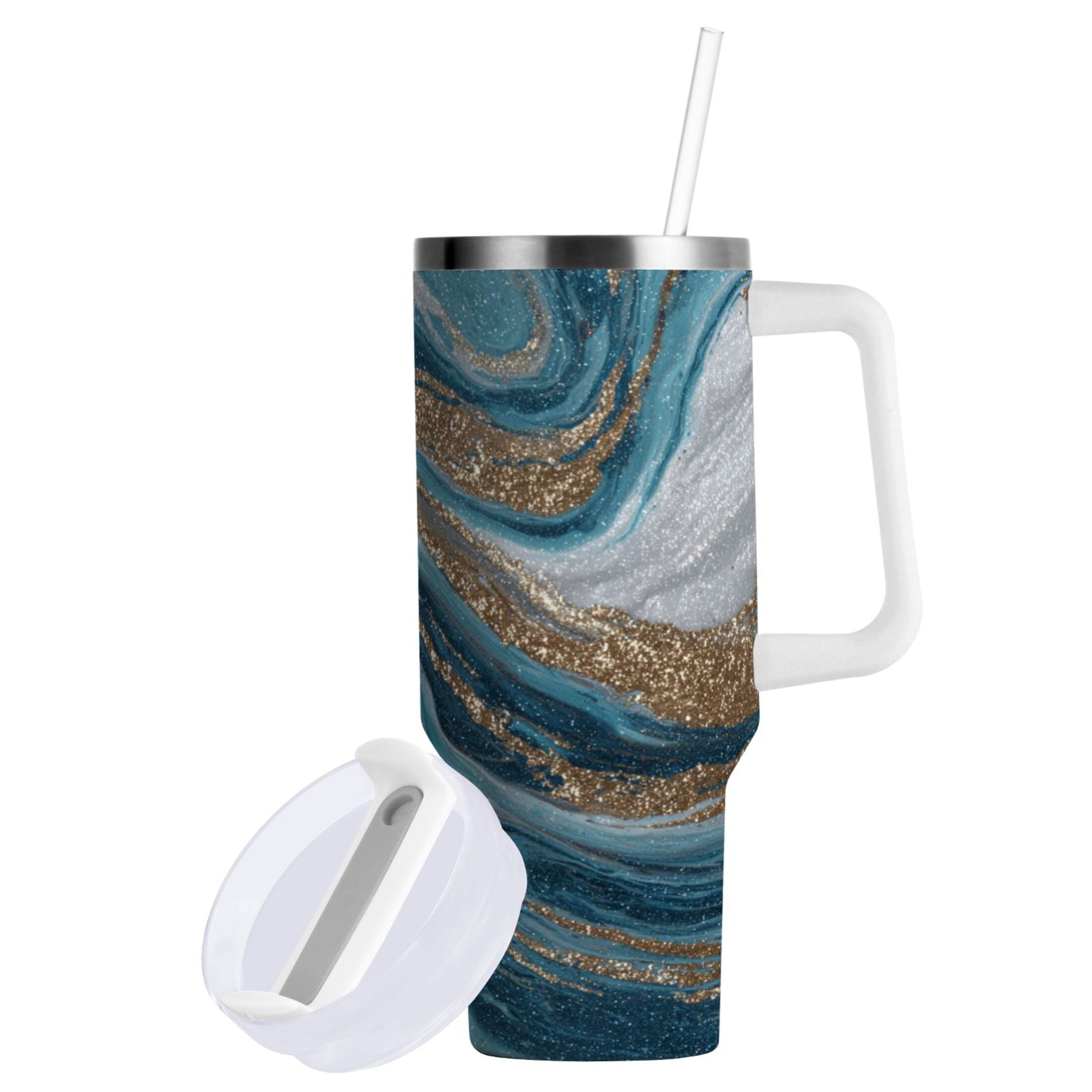 30 oz Insulated Stainless Steel Tumbler Double Wall Stainless Steel Tumbler with 2-Way Drinking Blue and Gold Swirling C497Z