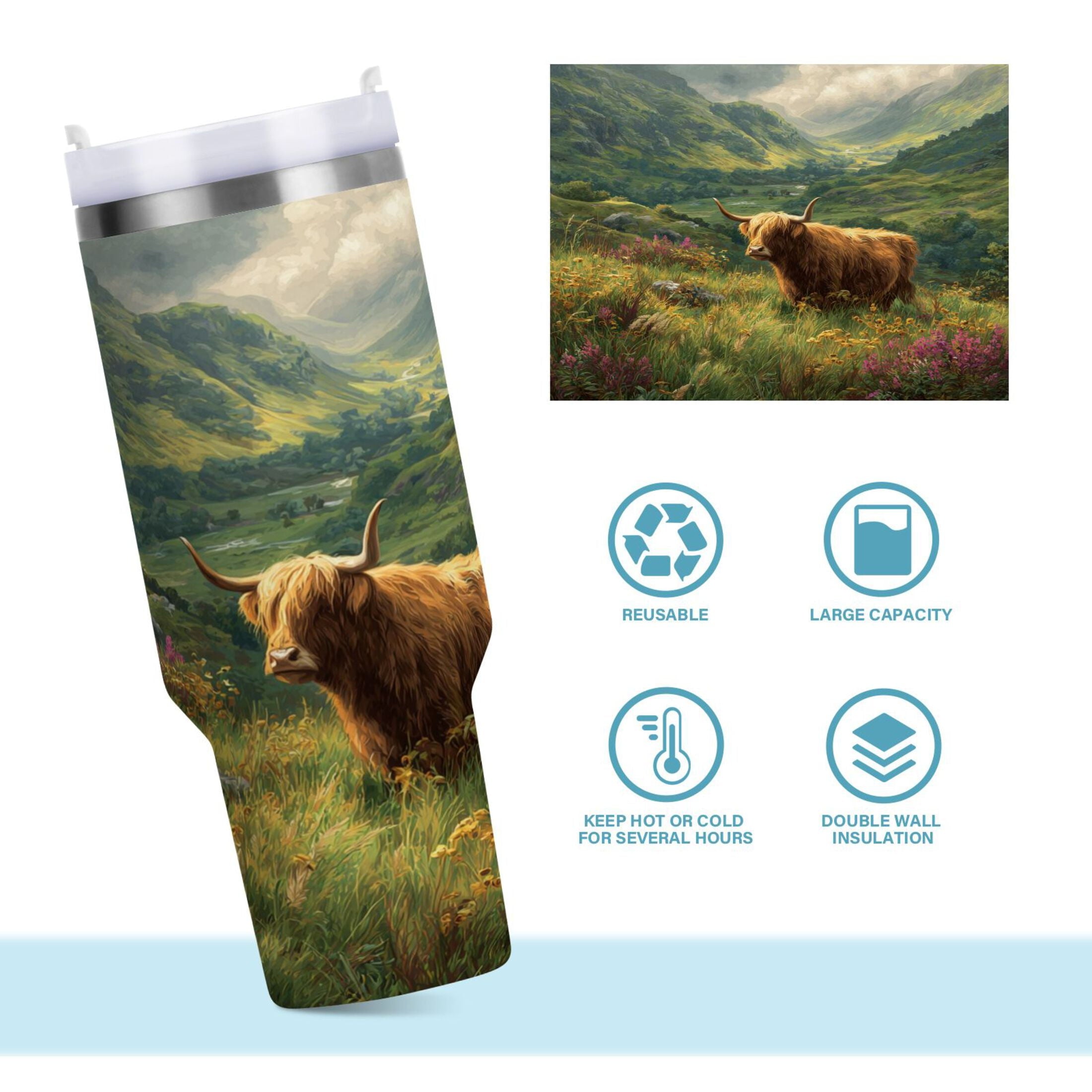30 oz Insulated Stainless Steel Tumbler Double Wall Stainless Steel Tumbler with 2-Way Drinking Cow in Green Rolling Hills C586R