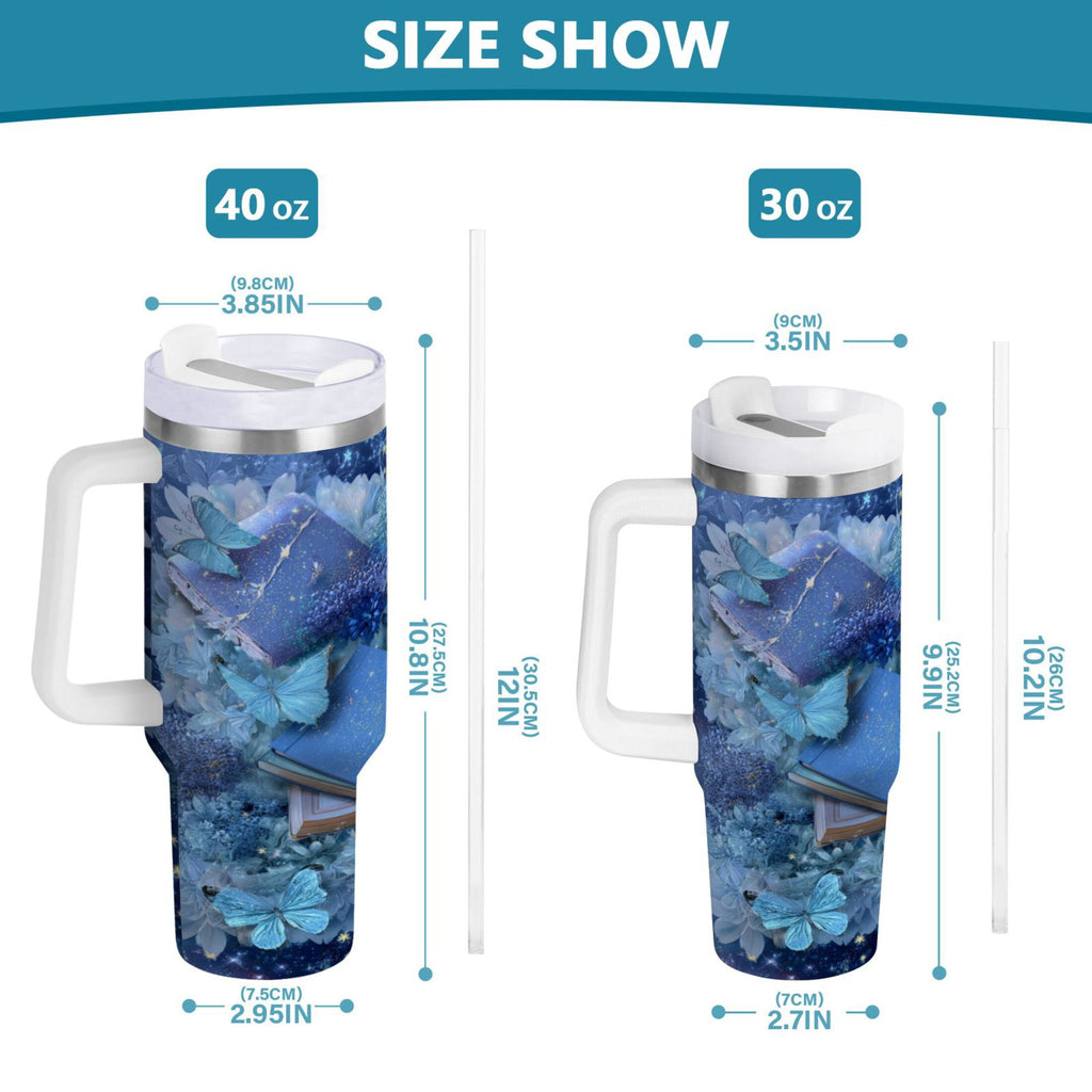 30 oz Insulated Stainless Steel Tumbler Double Wall Stainless Steel Tumbler with 2-Way Drinking Butterflies Books and Flowers C524R