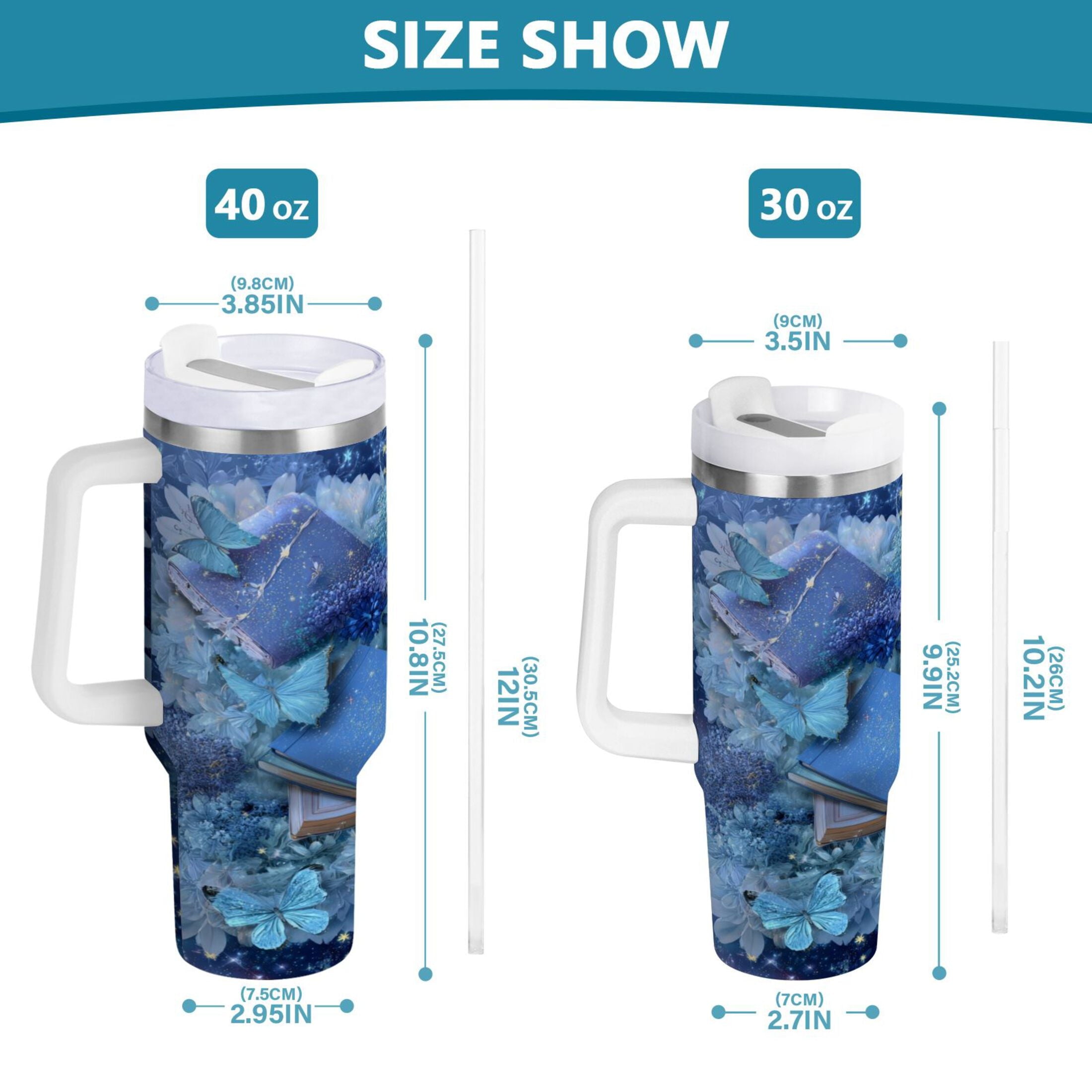 30 oz Insulated Stainless Steel Tumbler Double Wall Stainless Steel Tumbler with 2-Way Drinking Butterflies Books and Flowers C524R