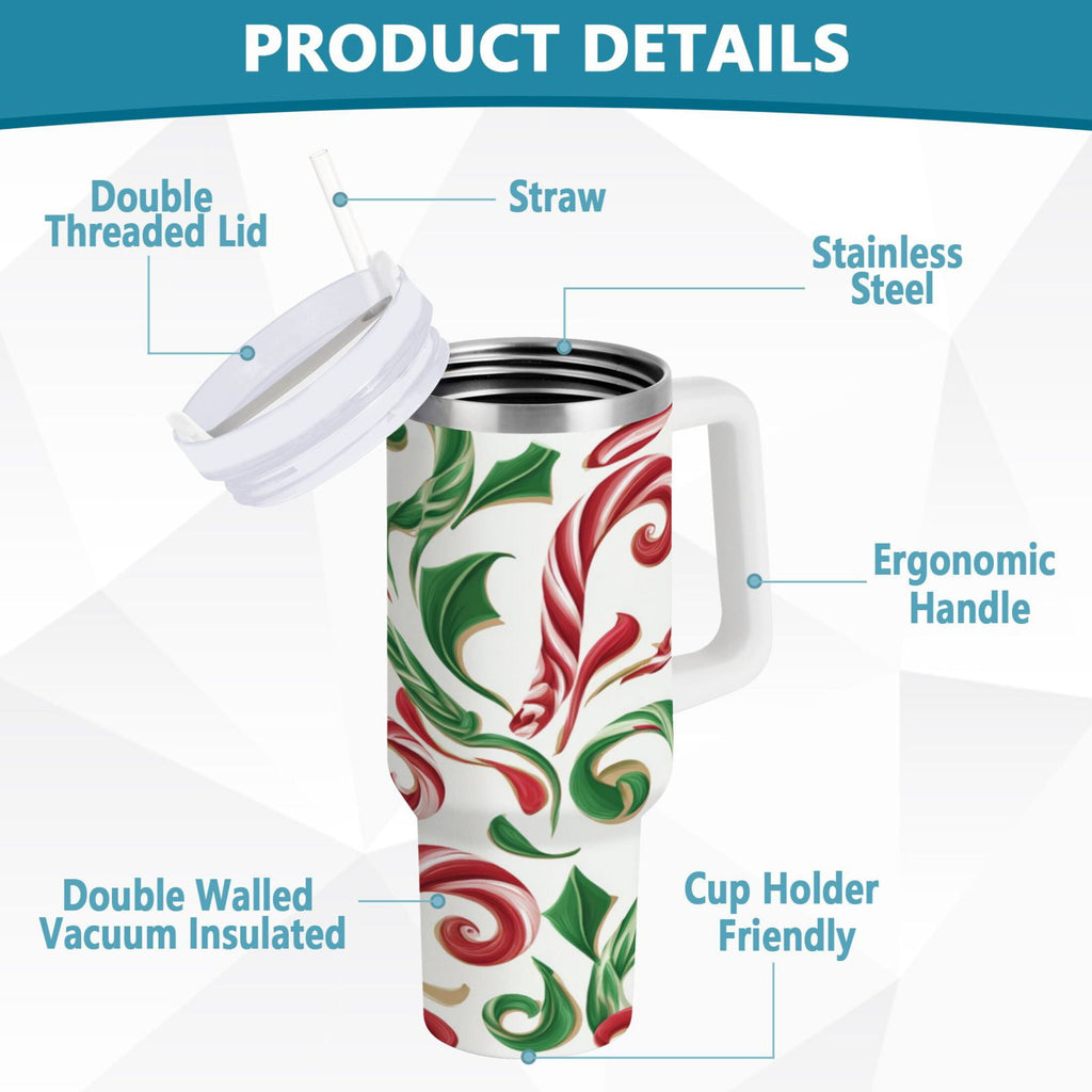 40 oz Insulated Stainless Steel Tumbler Double Wall Stainless Steel Tumbler with 2-Way Drinking Red and Green Candy-cane C573M