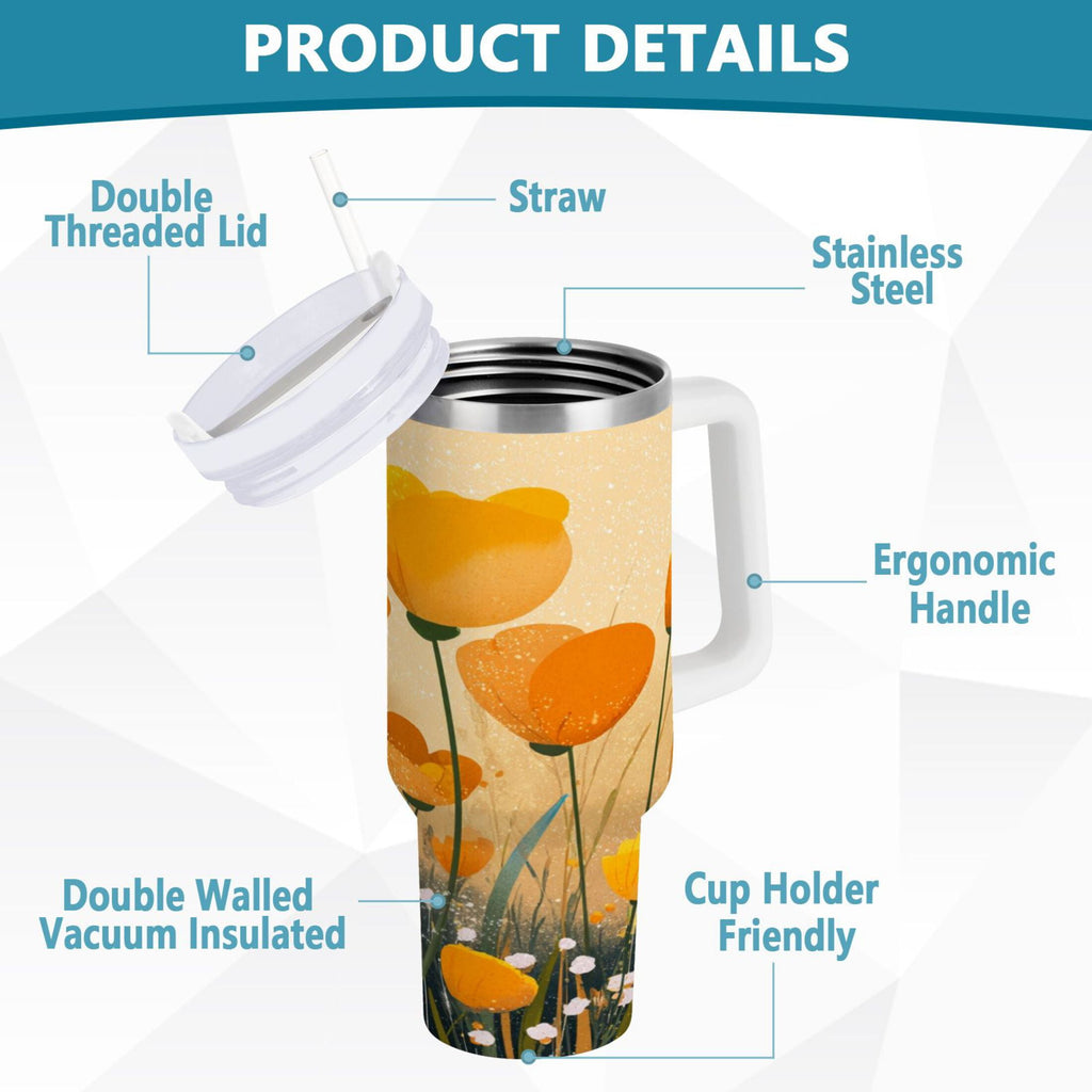 30 oz Insulated Stainless Steel Tumbler Double Wall Stainless Steel Tumbler with 2-Way Drinking Yellow Flowers on The Grass C594A