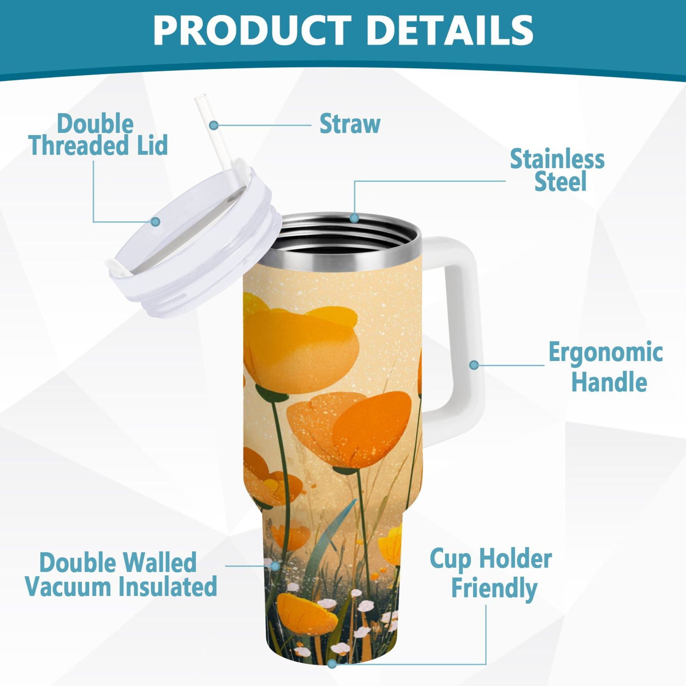 30 oz Insulated Stainless Steel Tumbler Double Wall Stainless Steel Tumbler with 2-Way Drinking Yellow Flowers on The Grass C594A