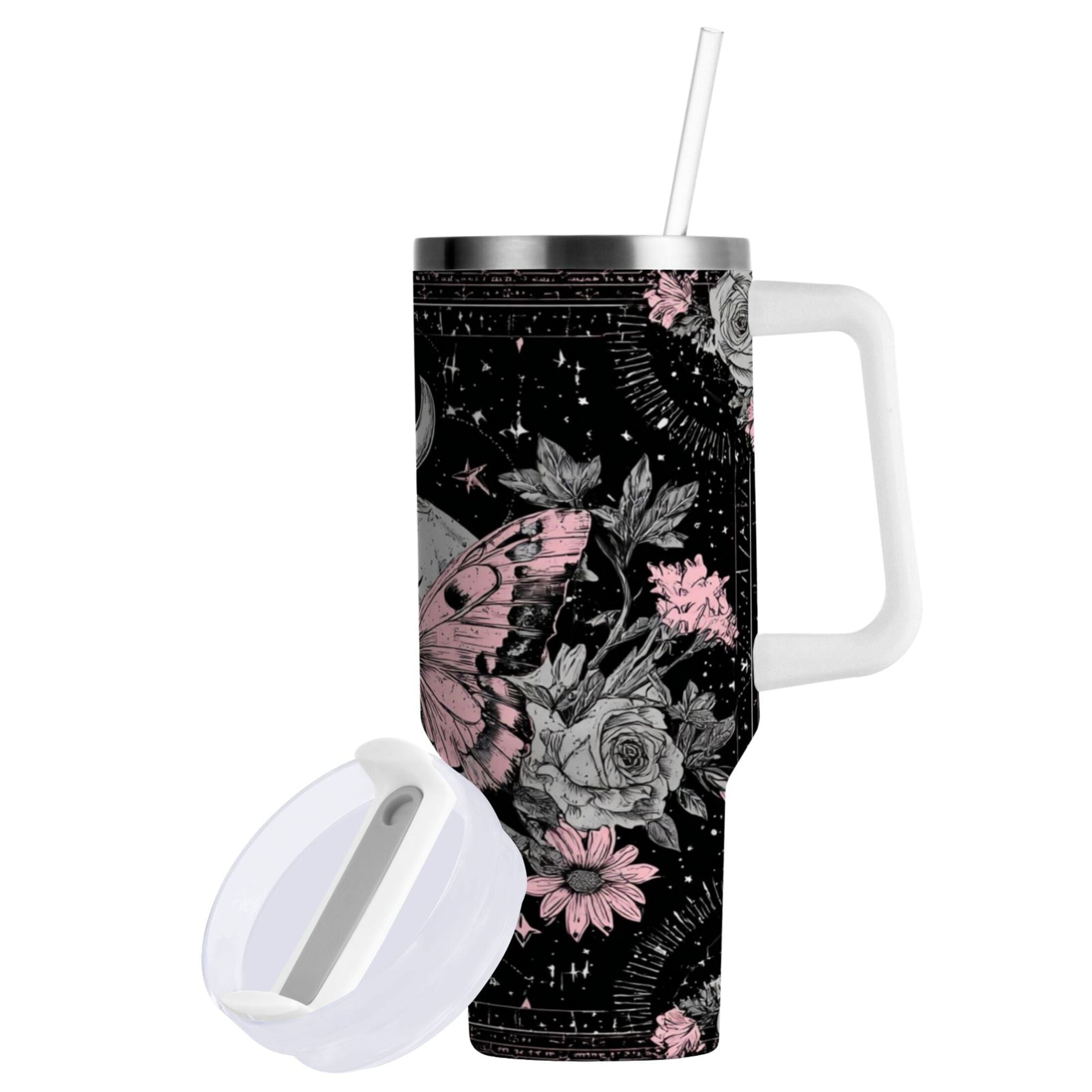 30 oz Insulated Stainless Steel Tumbler Double Wall Stainless Steel Tumbler with 2-Way Drinking Butterfly by Moon and Flowers C542H