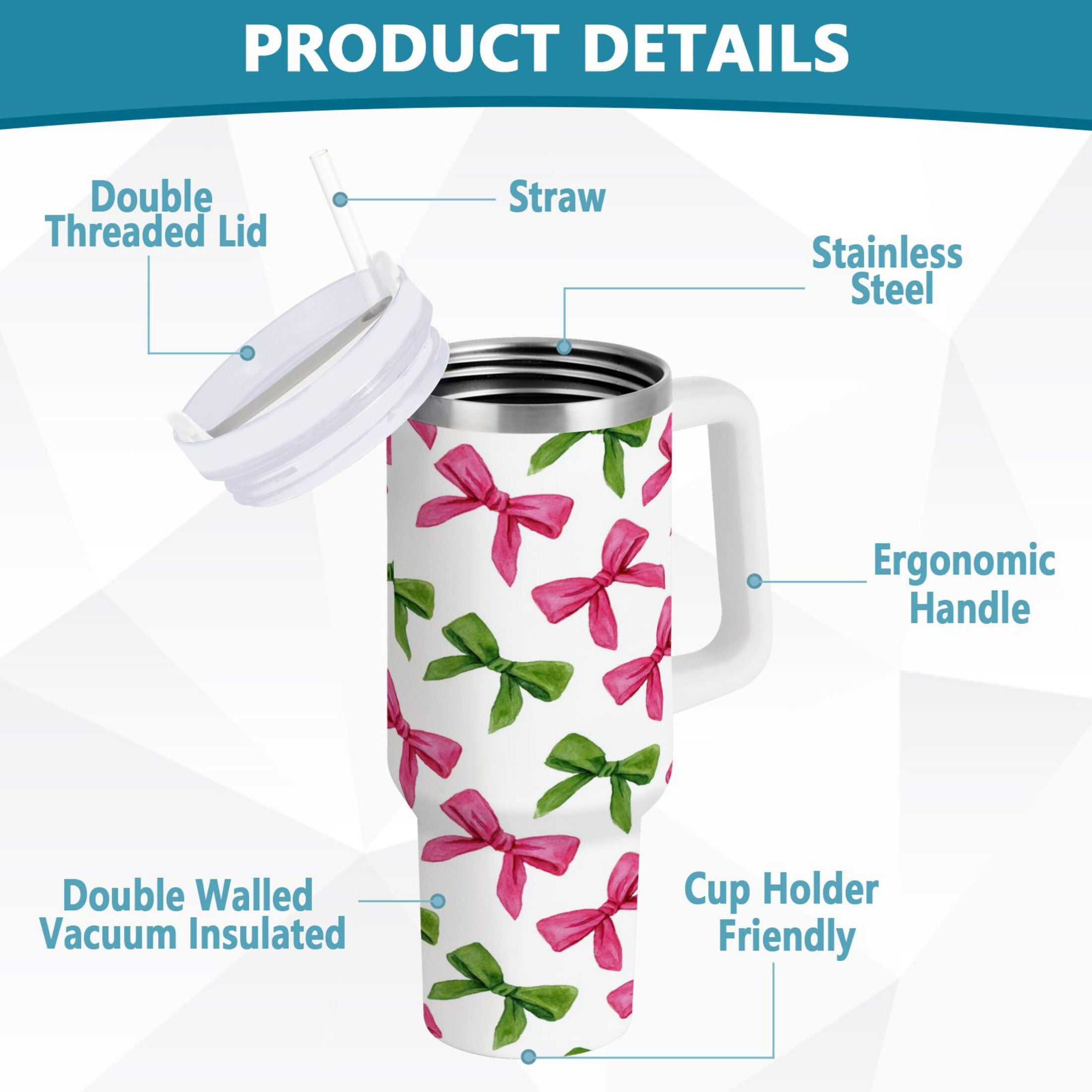 30 oz Insulated Stainless Steel Tumbler Double Wall Stainless Steel Tumbler with 2-Way Drinking Pink Bows and Green Ribbons C649W