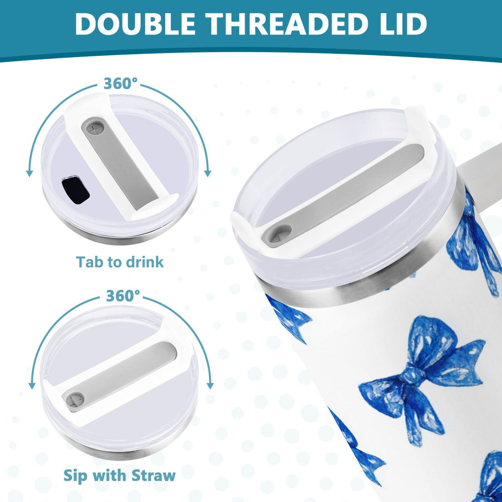 30 oz Insulated Stainless Steel Tumbler Double Wall Stainless Steel Tumbler with 2-Way Drinking Blue Bows Pattern C620Q