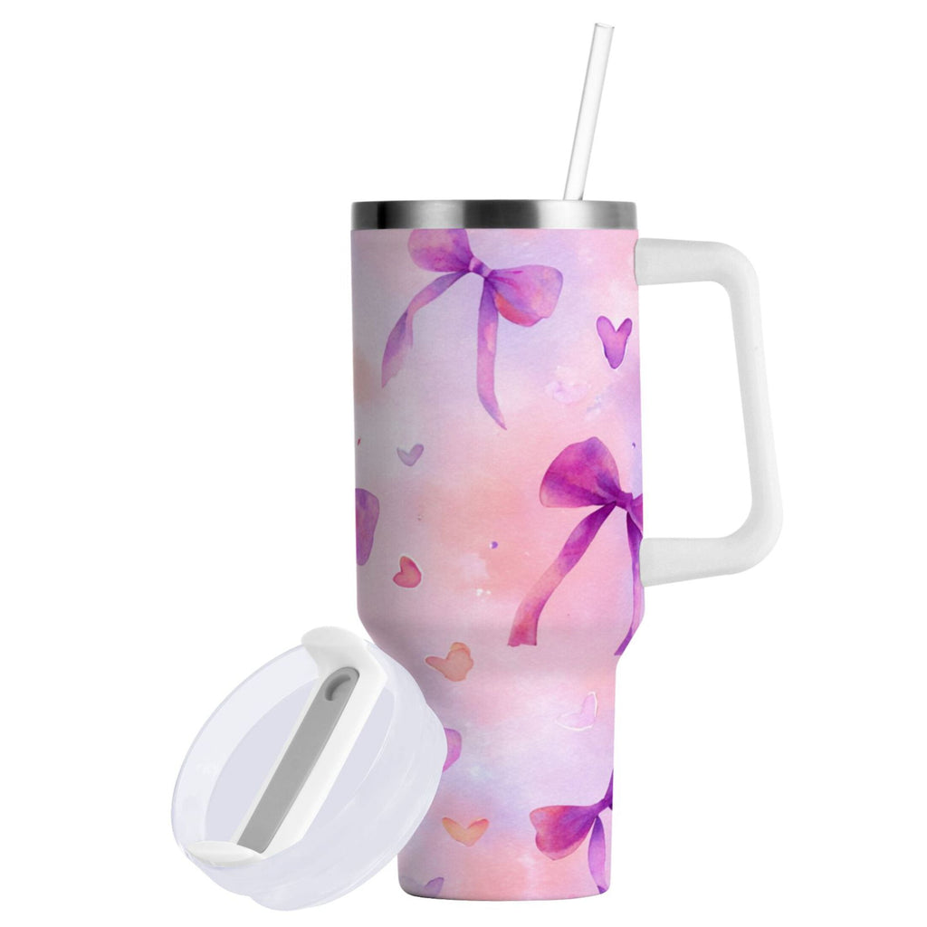 30 oz Insulated Stainless Steel Tumbler Double Wall Stainless Steel Tumbler with 2-Way Drinking Watercolor Purple Bows C591F