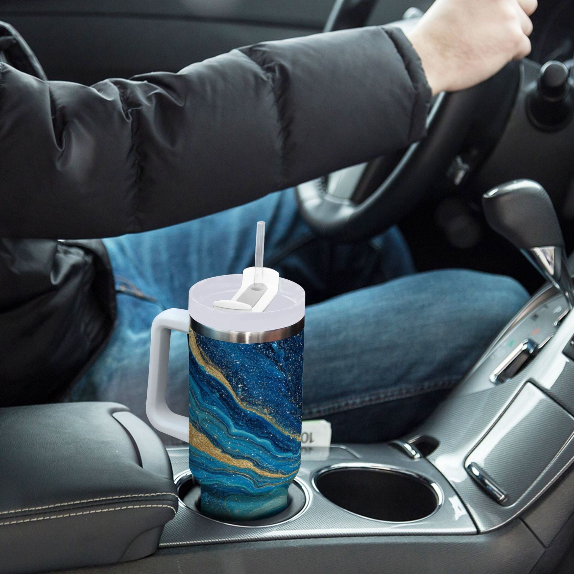 30 oz Insulated Stainless Steel Tumbler Double Wall Stainless Steel Tumbler with 2-Way Drinking Blue and Gold Ocean C507U