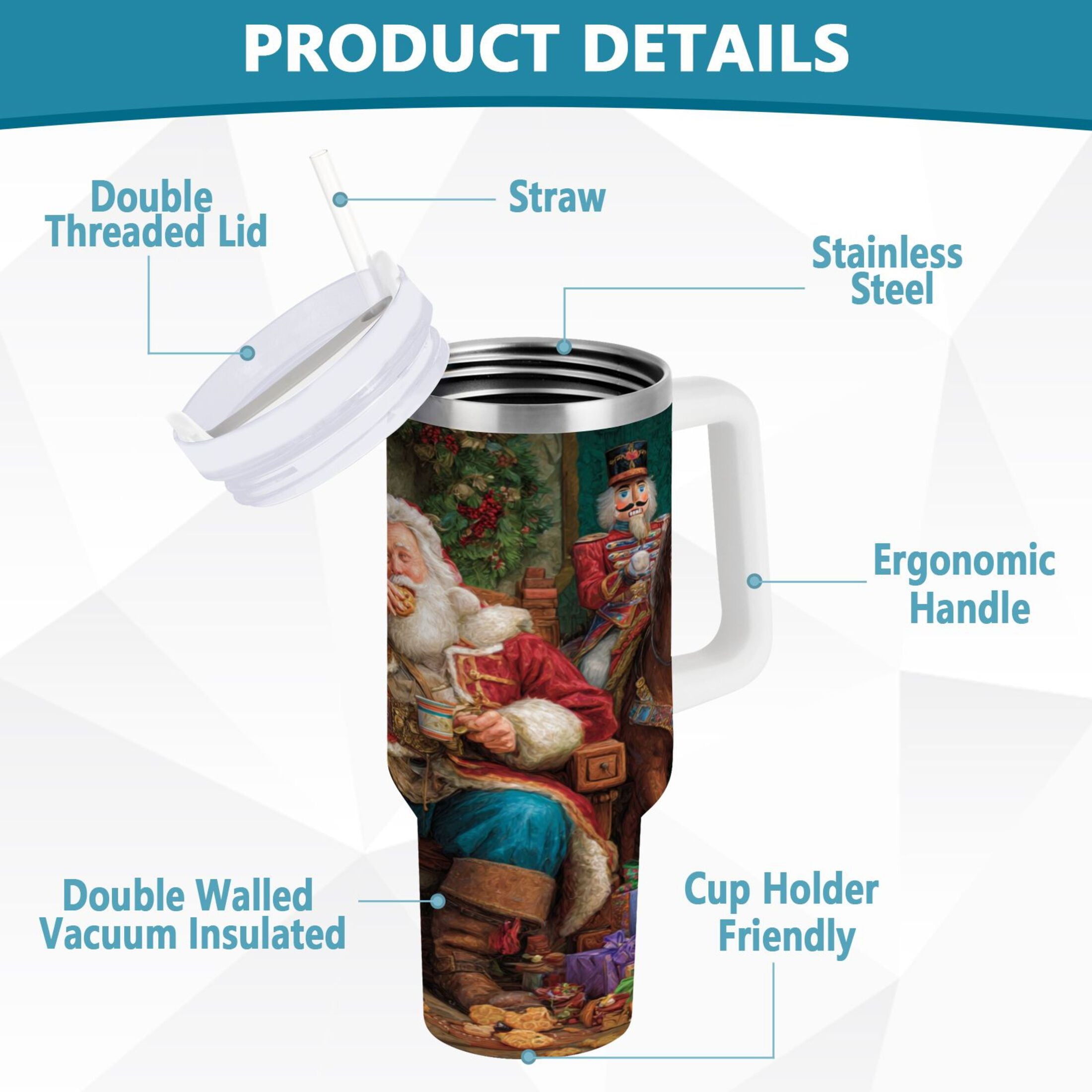 40 oz Insulated Stainless Steel Tumbler Double Wall Stainless Steel Tumbler with 2-Way Drinking Santa Eating Cookies C548Z