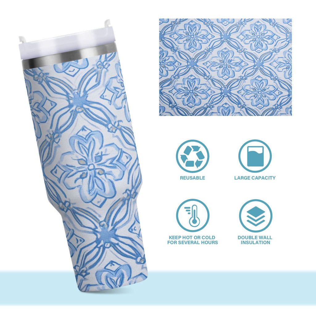 30 oz Insulated Stainless Steel Tumbler Double Wall Stainless Steel Tumbler with 2-Way Drinking Blue Elegant Geometric Design C623K