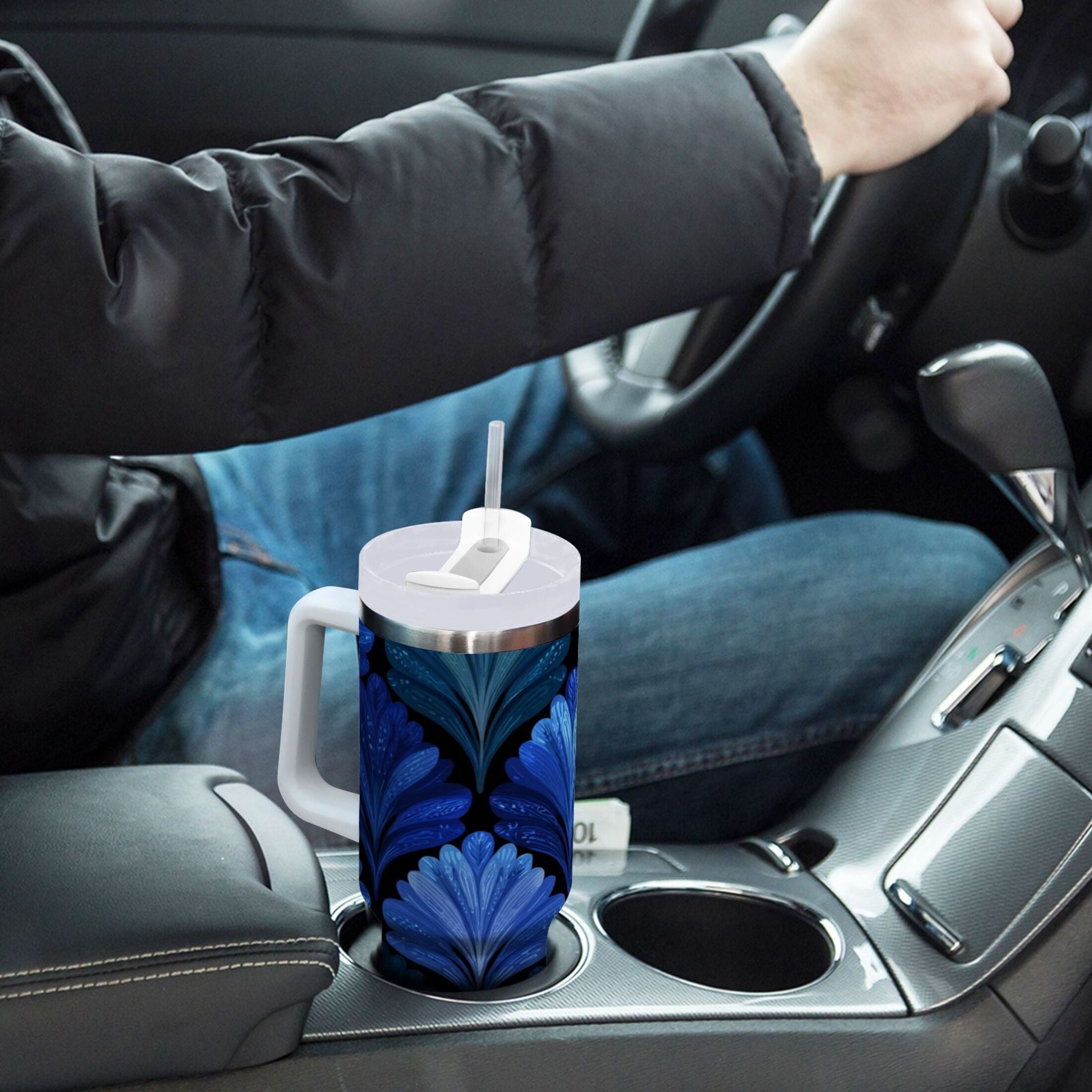 30 oz Insulated Stainless Steel Tumbler Double Wall Stainless Steel Tumbler with 2-Way Drinking Blue Batik Leaves Pattern C525X