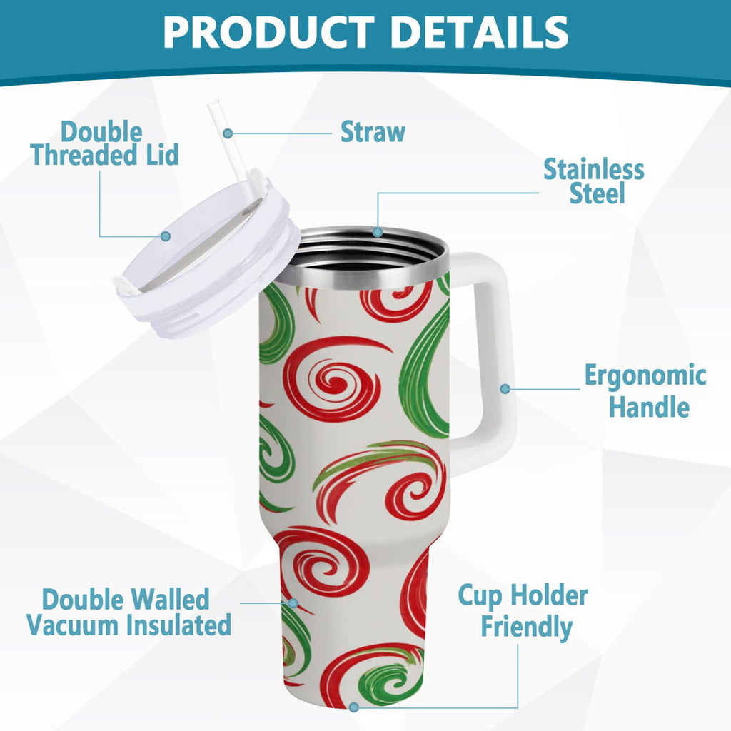 40 oz Insulated Stainless Steel Tumbler Double Wall Stainless Steel Tumbler with 2-Way Drinking Red and Green Swirls C539F