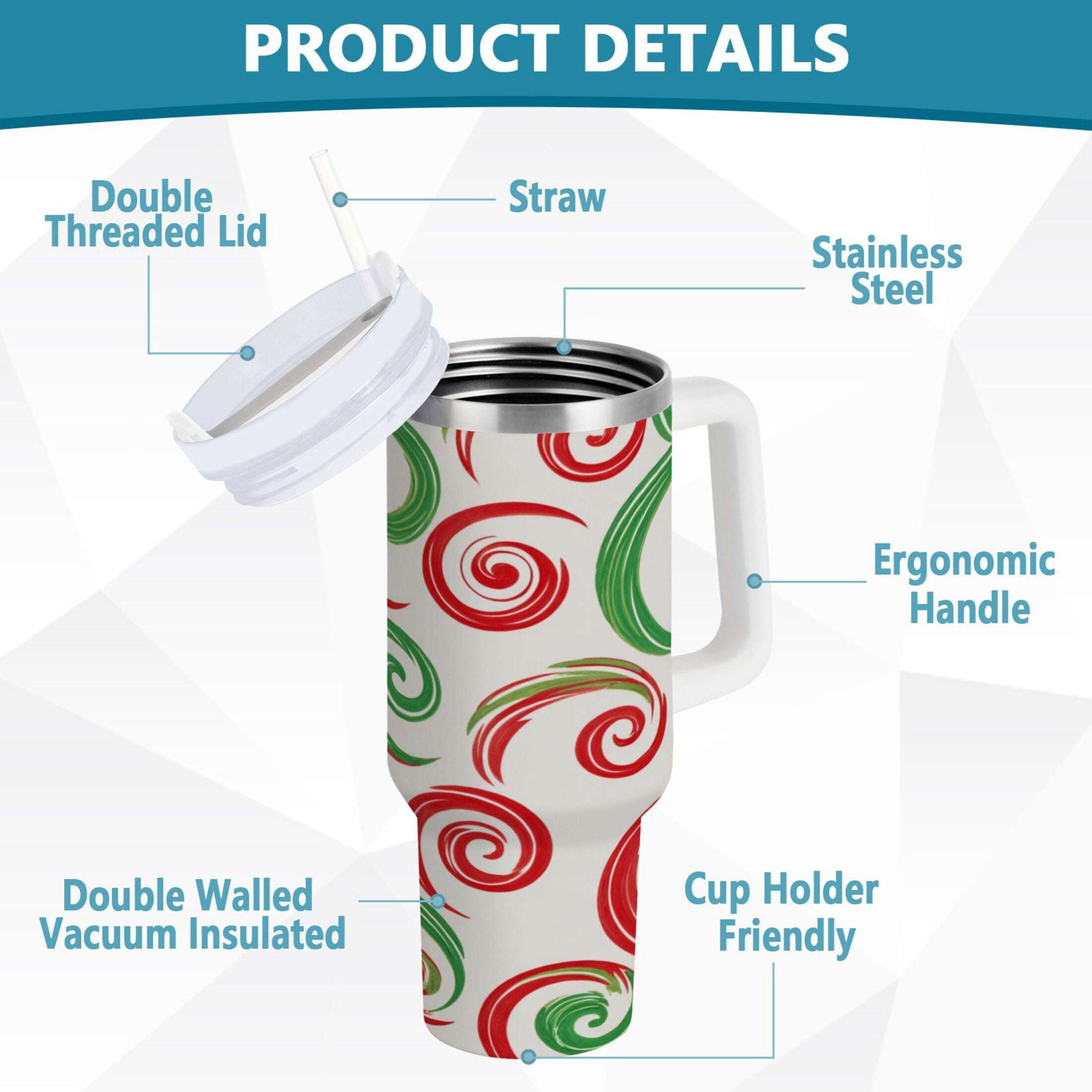 40 oz Insulated Stainless Steel Tumbler Double Wall Stainless Steel Tumbler with 2-Way Drinking Red and Green Swirls C539F