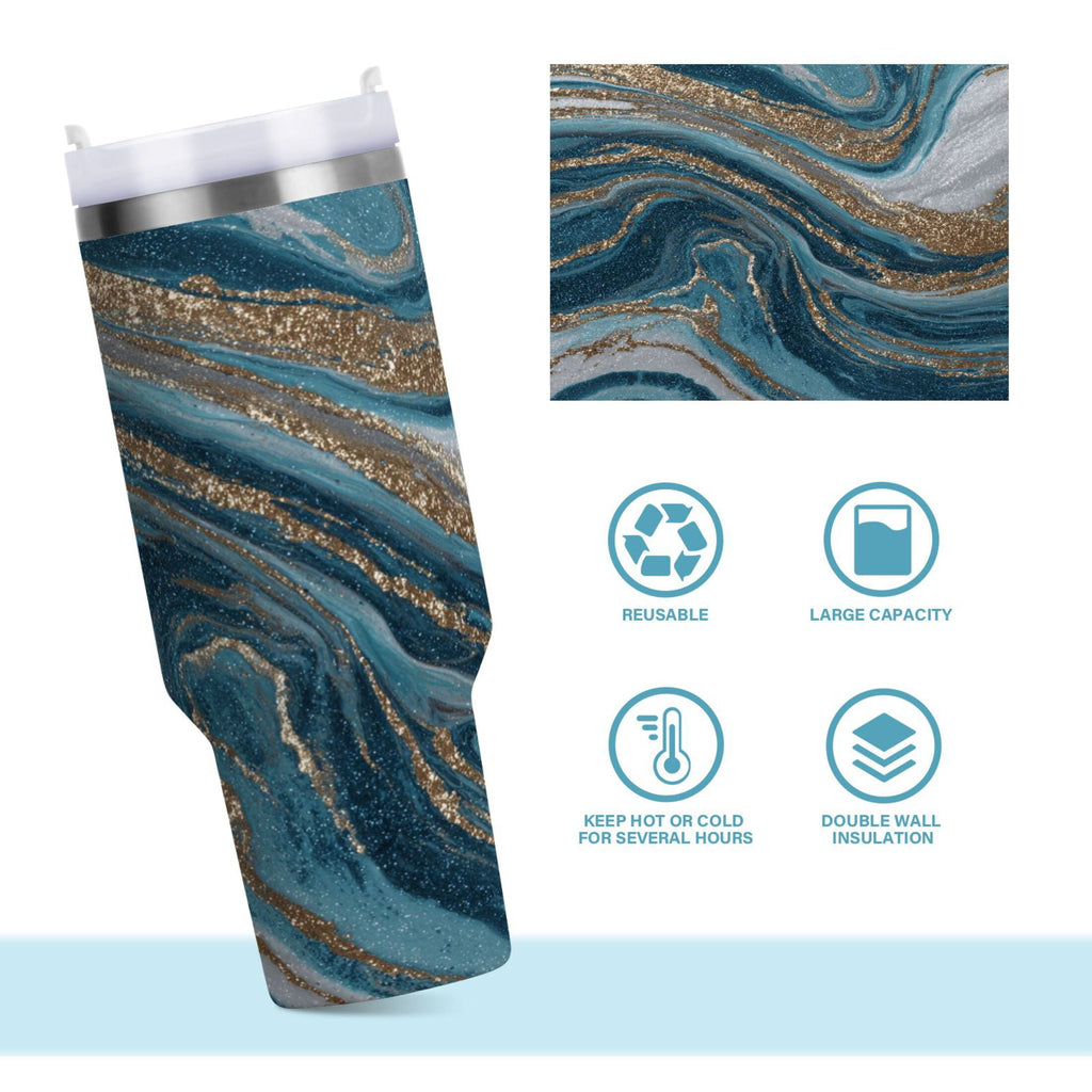 30 oz Insulated Stainless Steel Tumbler Double Wall Stainless Steel Tumbler with 2-Way Drinking Blue and Gold Swirling C497Z