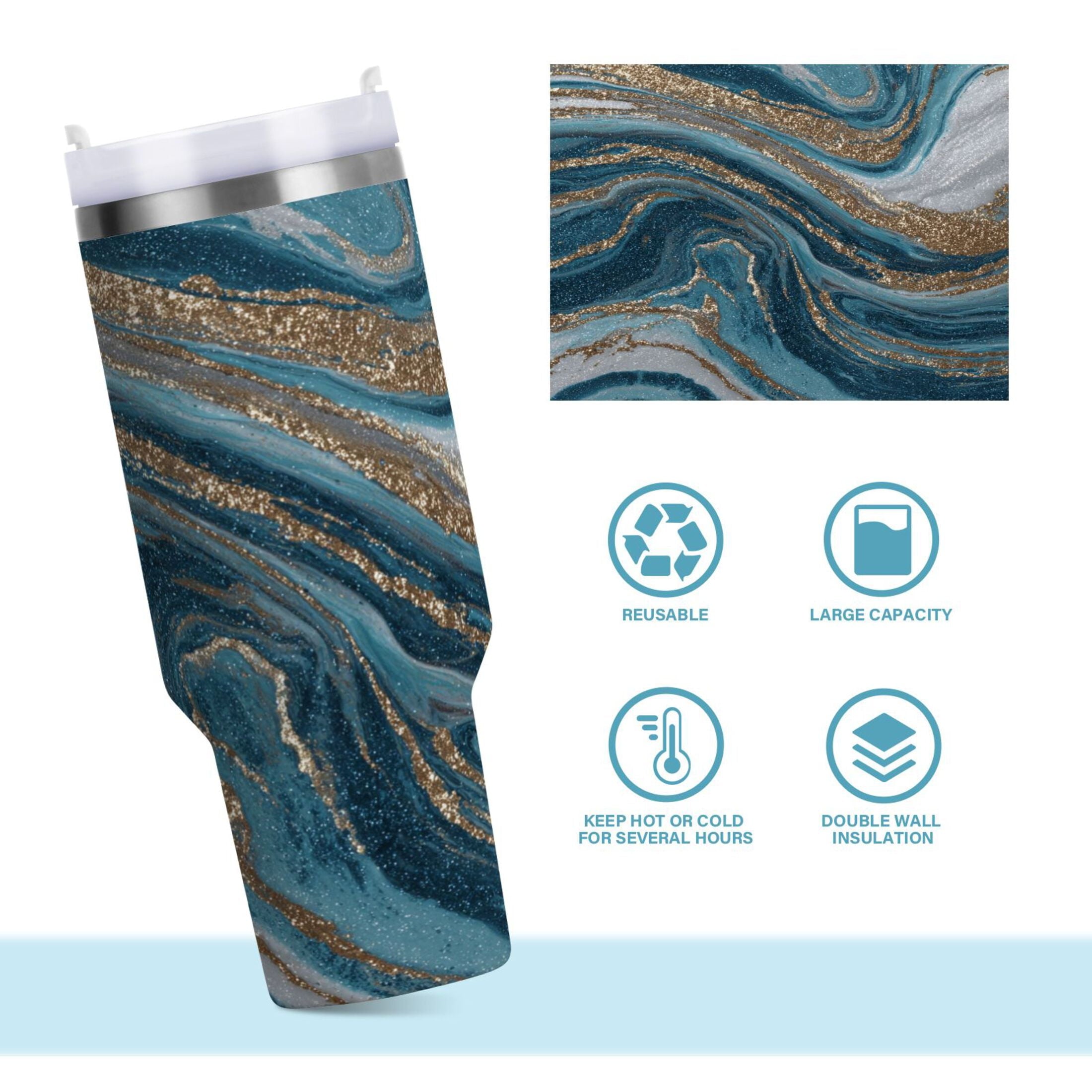 30 oz Insulated Stainless Steel Tumbler Double Wall Stainless Steel Tumbler with 2-Way Drinking Blue and Gold Swirling C497Z