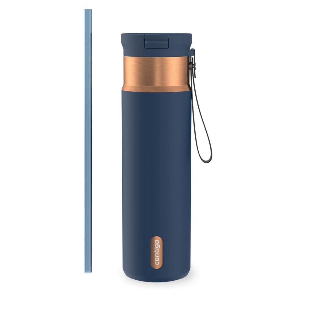 Contigo SnapSeal Leakproof Stainless Steel Reusable Water Bottle with Carrying Strap, Dark Blue/Bronze, 24 oz C024V