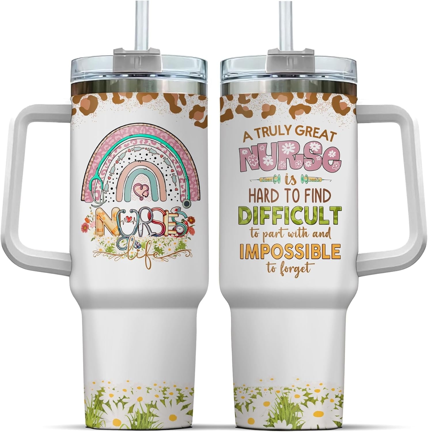 Tumbler 40 Oz With Handle Lid And Straw, Nurse Gifts, Black Camo White Engraved Print Travel Nurses Tumblers Handle Funny Cups Nursing For, Great Nurse Rainbow Daisy Flower C683A